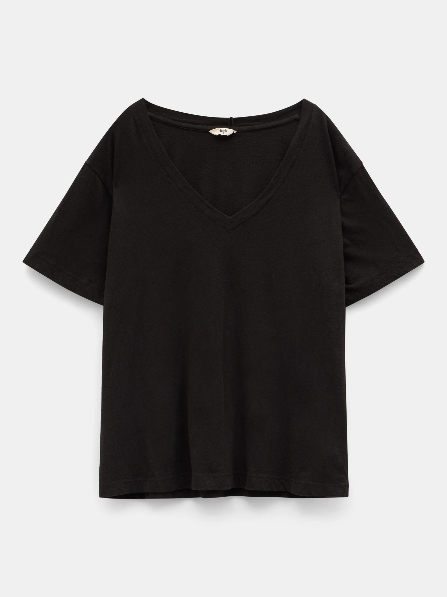 HUSH Plain Deep V-Neck Linen Blend T-Shirt, Black at John Lewis & Partners