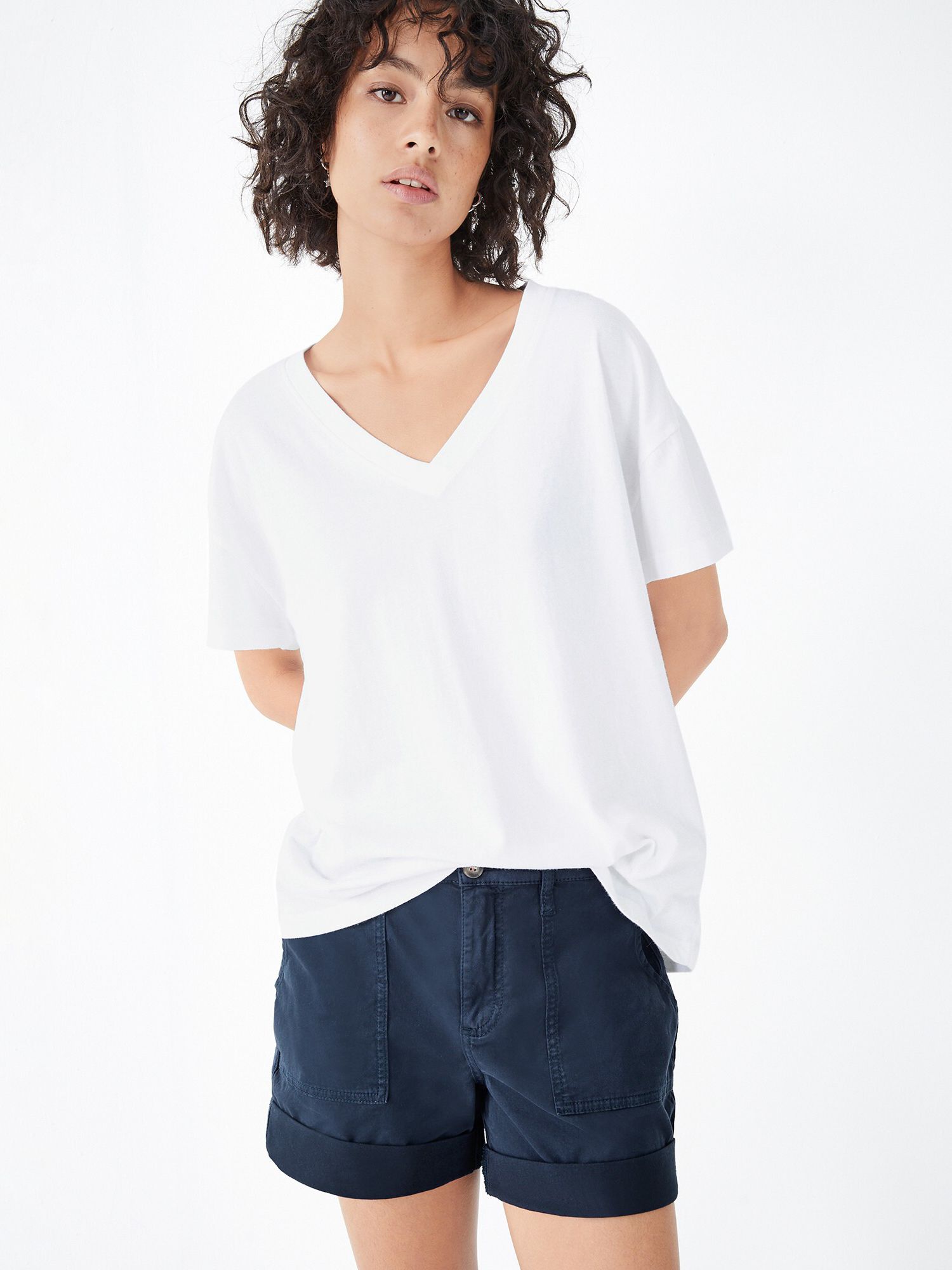 HUSH Plain Deep V-Neck Linen Blend T-Shirt, White, XXS