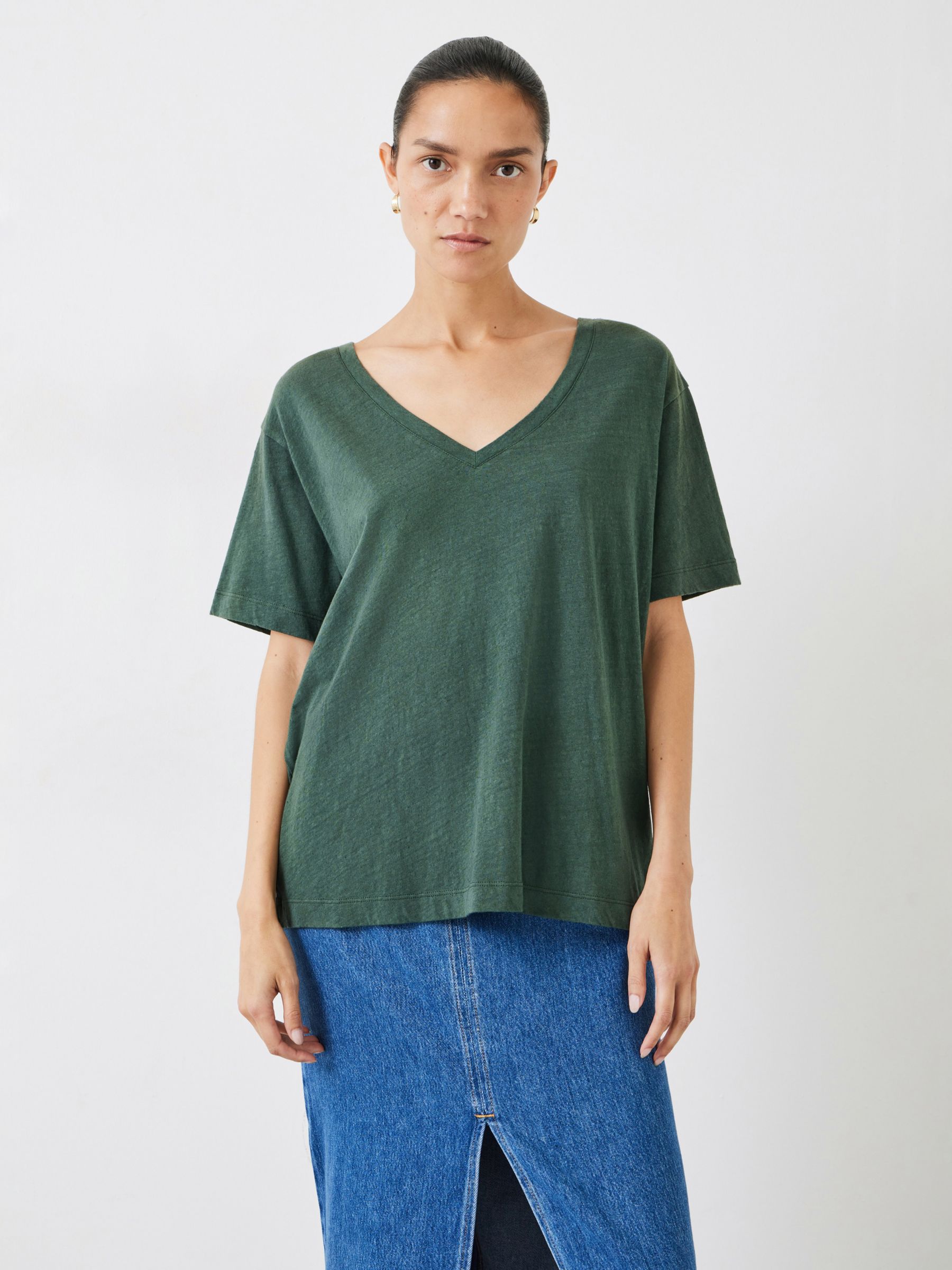 HUSH Plain Deep V-Neck Linen Blend T-Shirt, Khaki, XXS