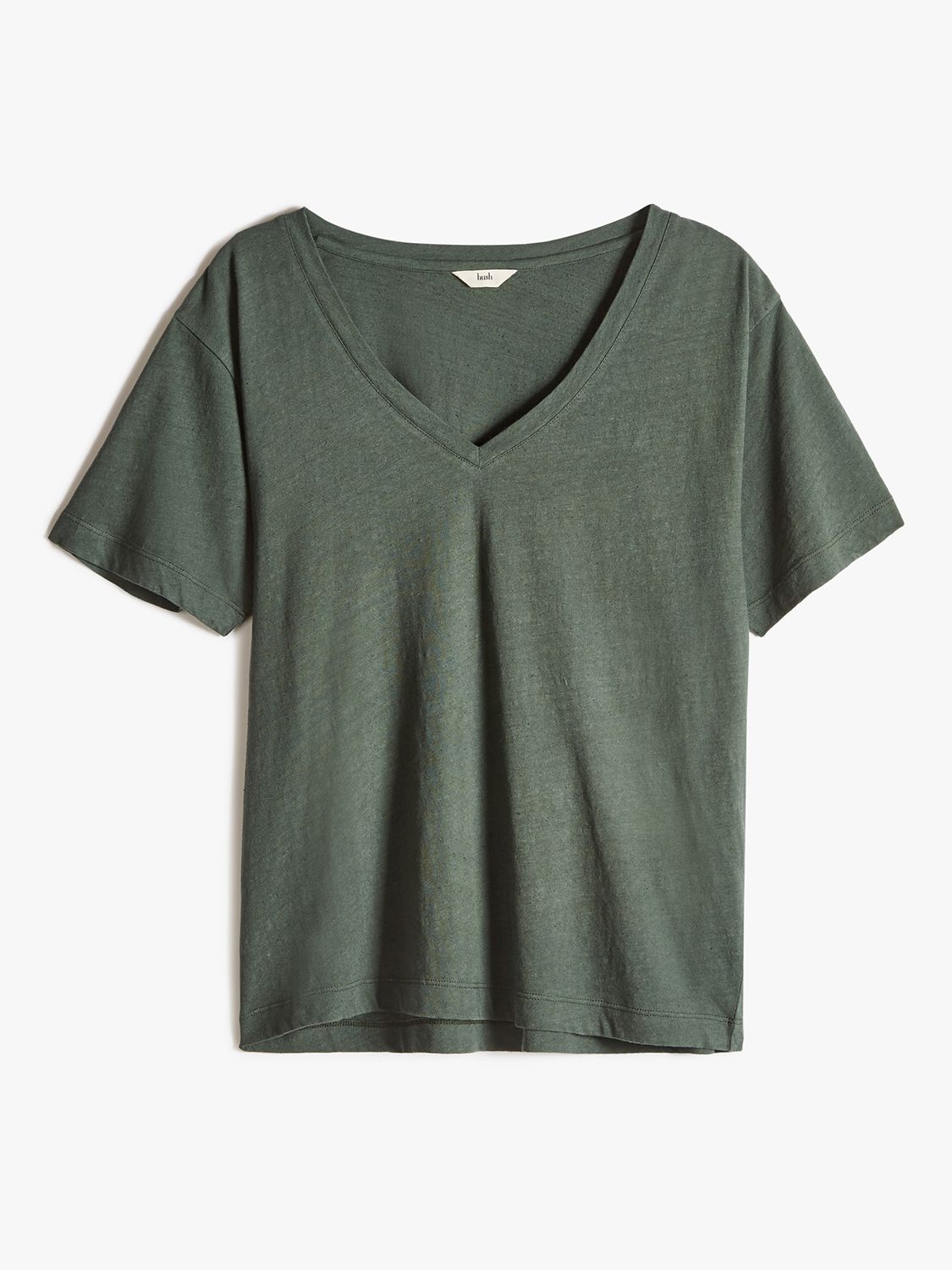 HUSH Plain Deep V-Neck Linen Blend T-Shirt, Khaki, XXS