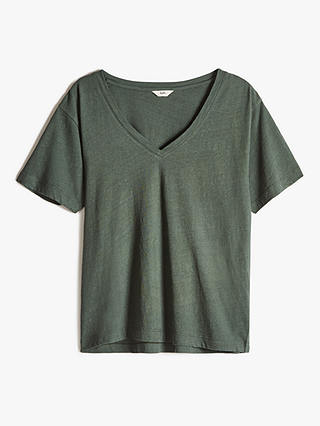 HUSH Plain Deep V-Neck Linen Blend T-Shirt, Khaki
