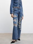 Mango Brokens Ripped High-Rise Jeans, Dark Blue