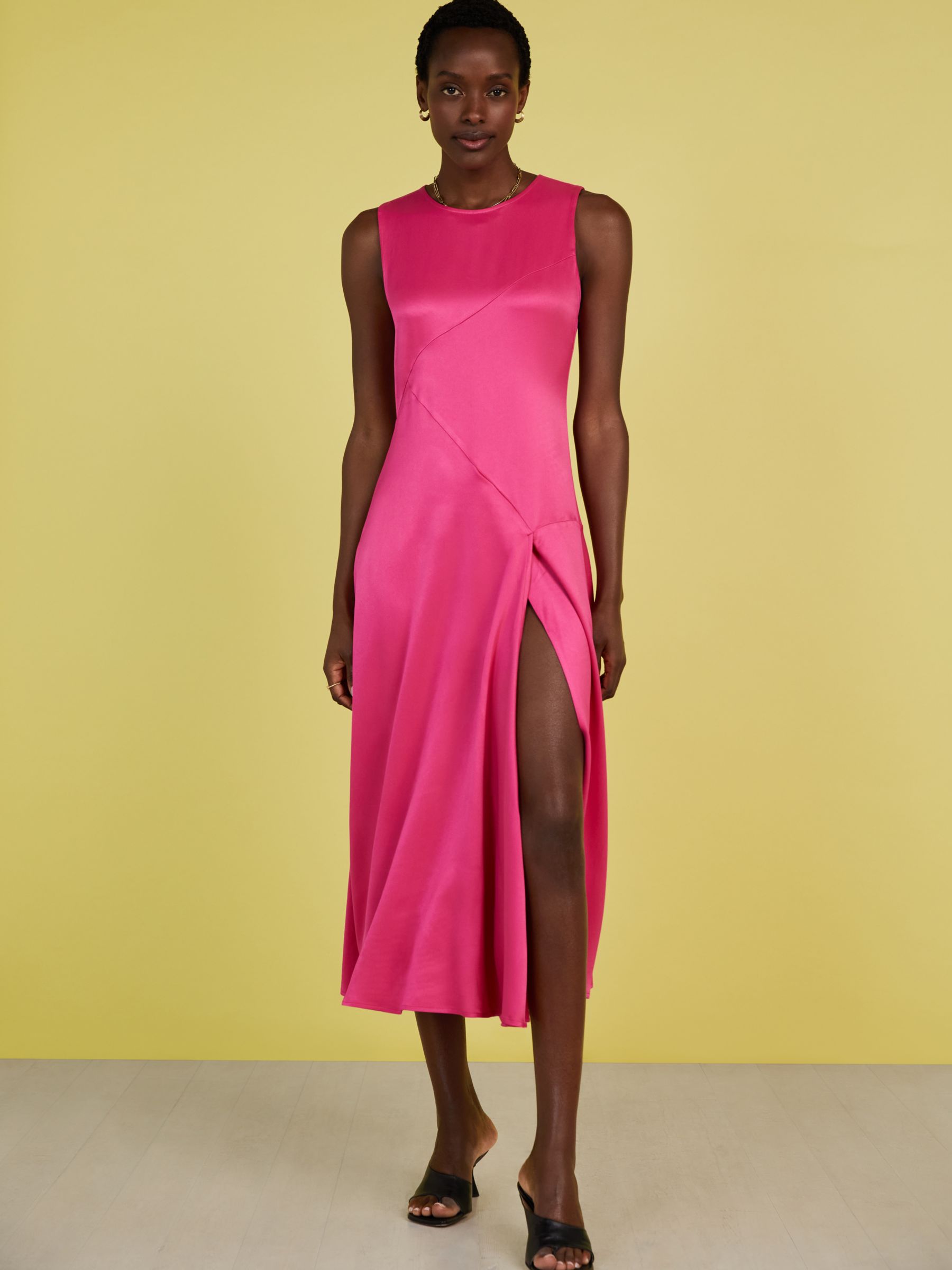 Baukjen Soleil Satin Side Slit Midi Dress, Hyper Pink, 10