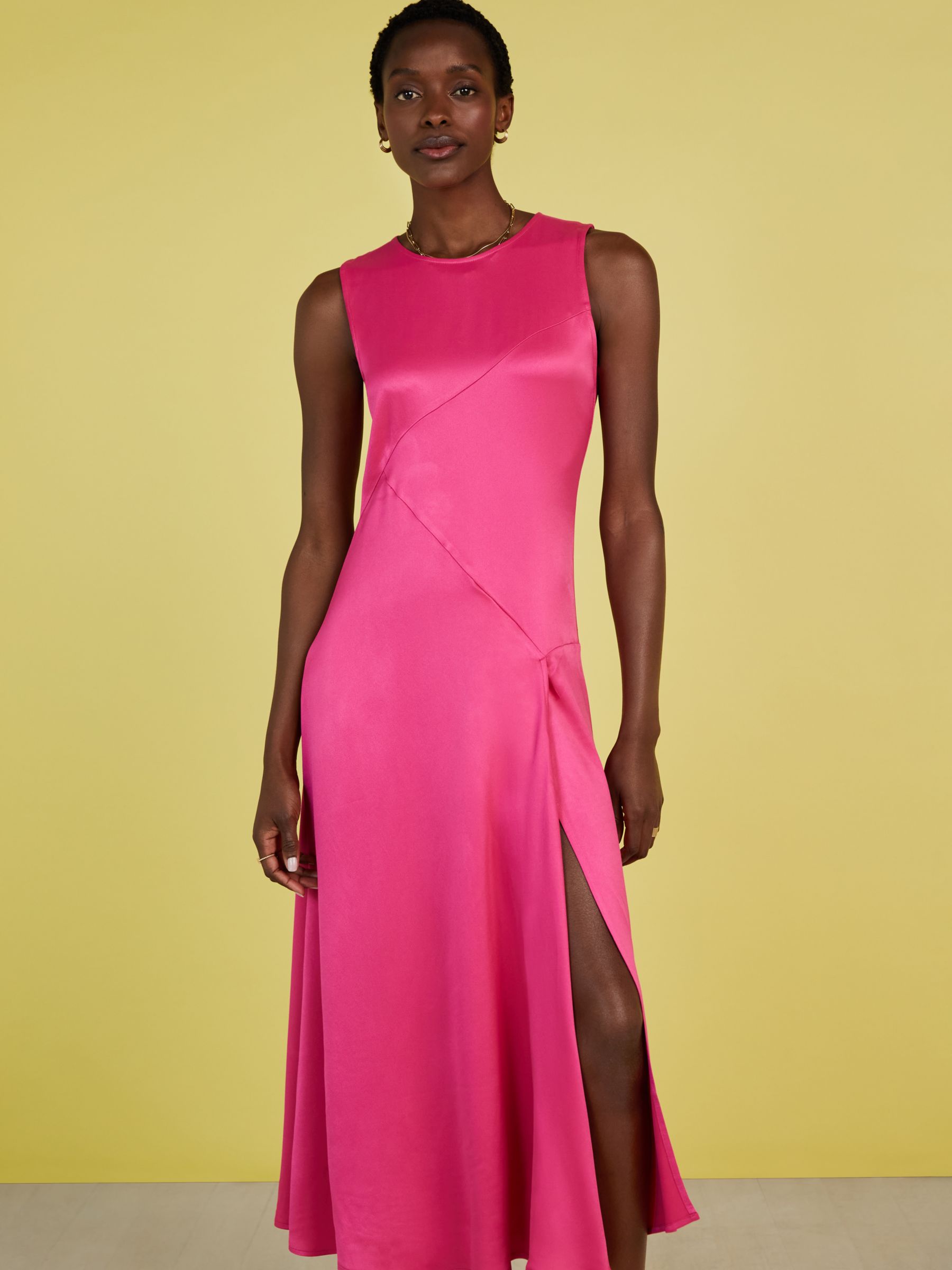 Baukjen Soleil Satin Side Slit Midi Dress, Hyper Pink, 6