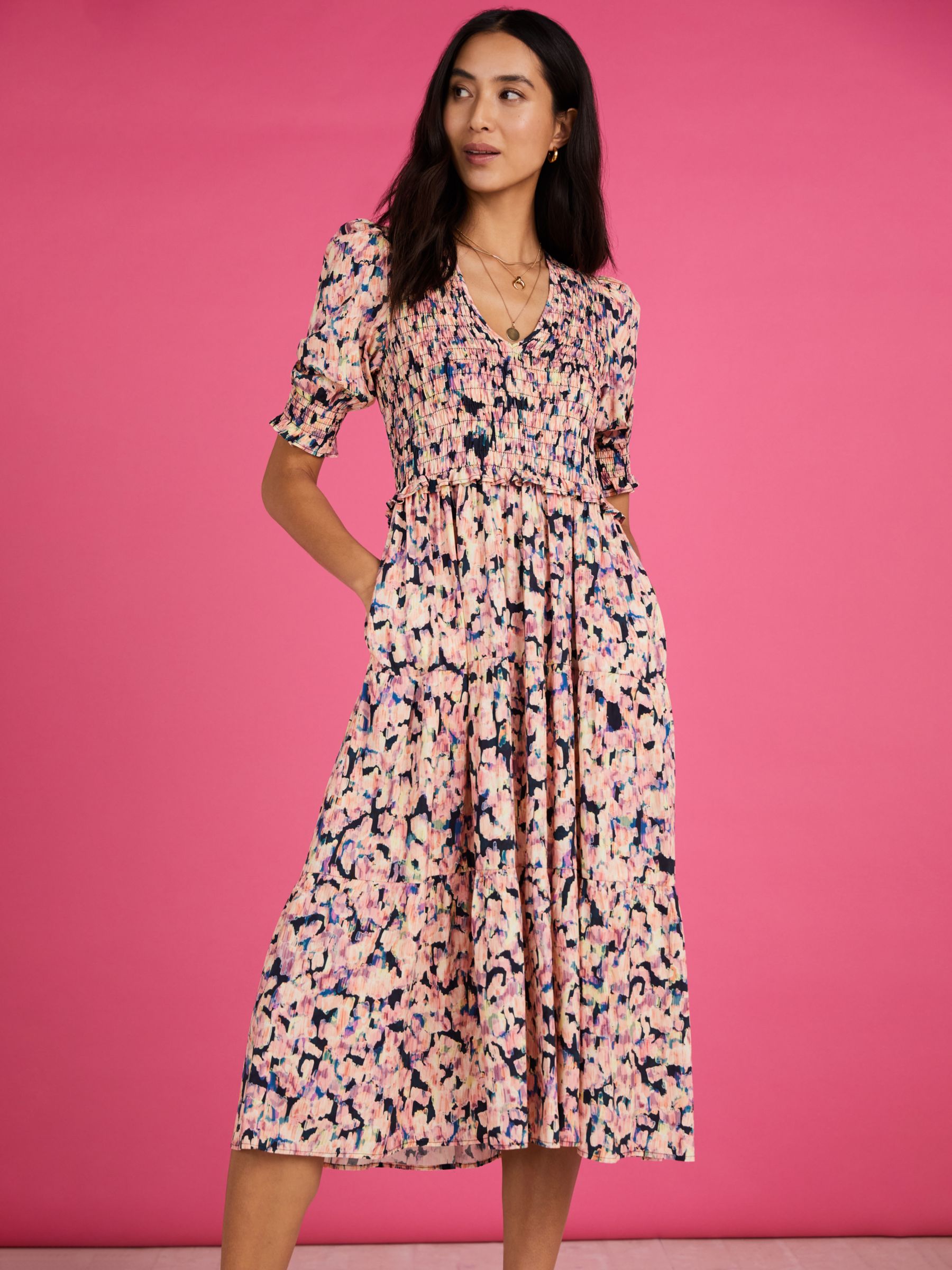 Baukjen Florence Smock Midi Dress, Pink Blur at John Lewis & Partners