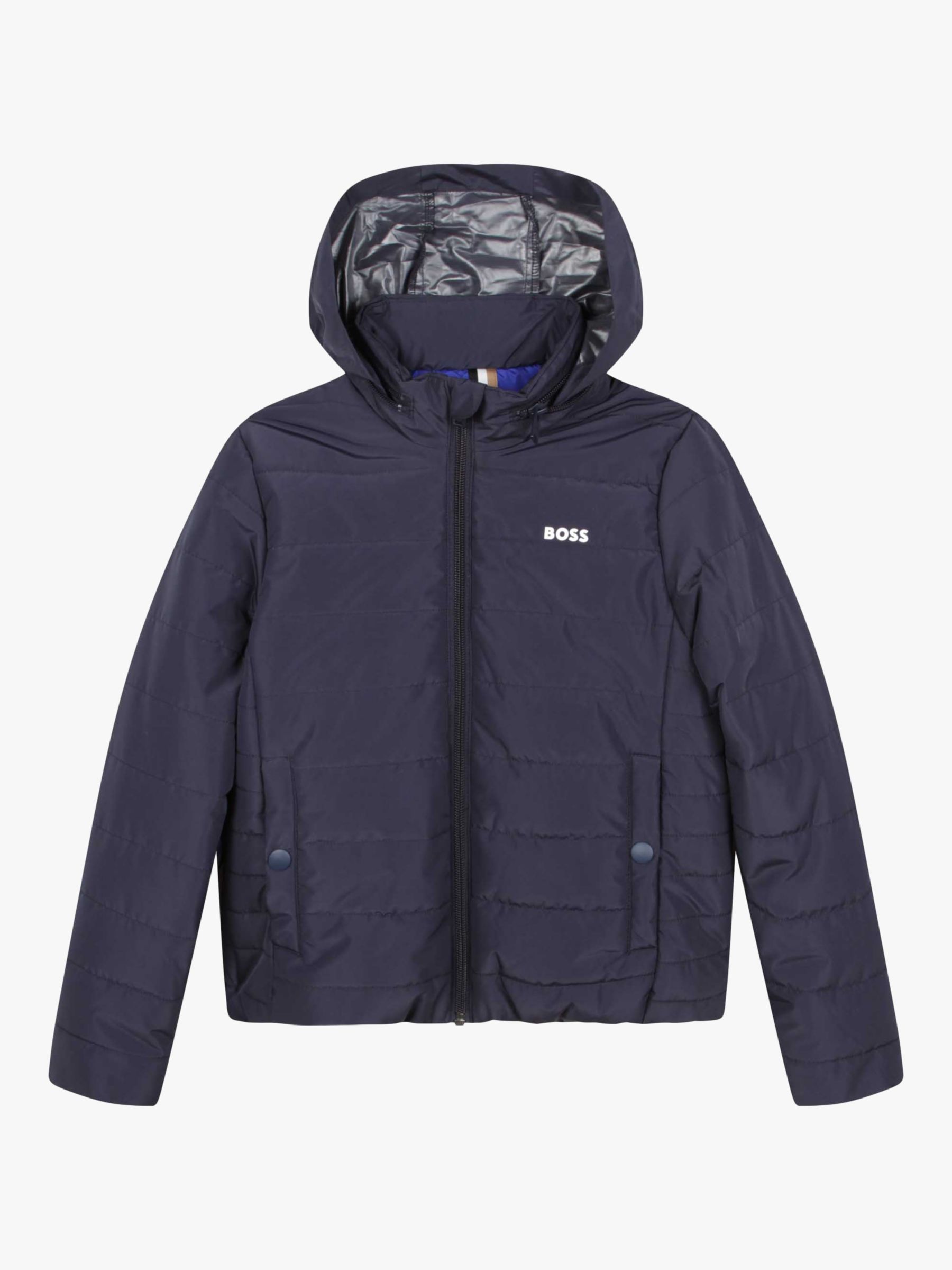 BOSS Kids' Hooded Quilted Jacket, Navy at John Lewis & Partners