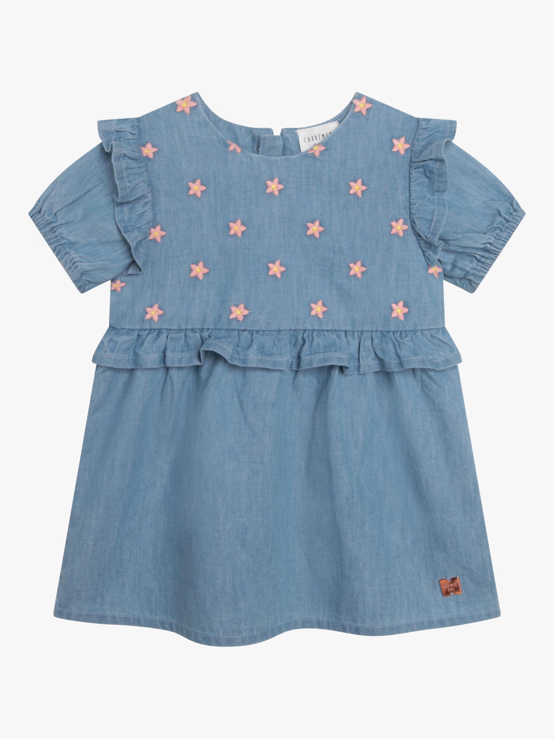 Carrément Beau Baby Floral Embroidered Light Denim Dress, Blue, 6 years