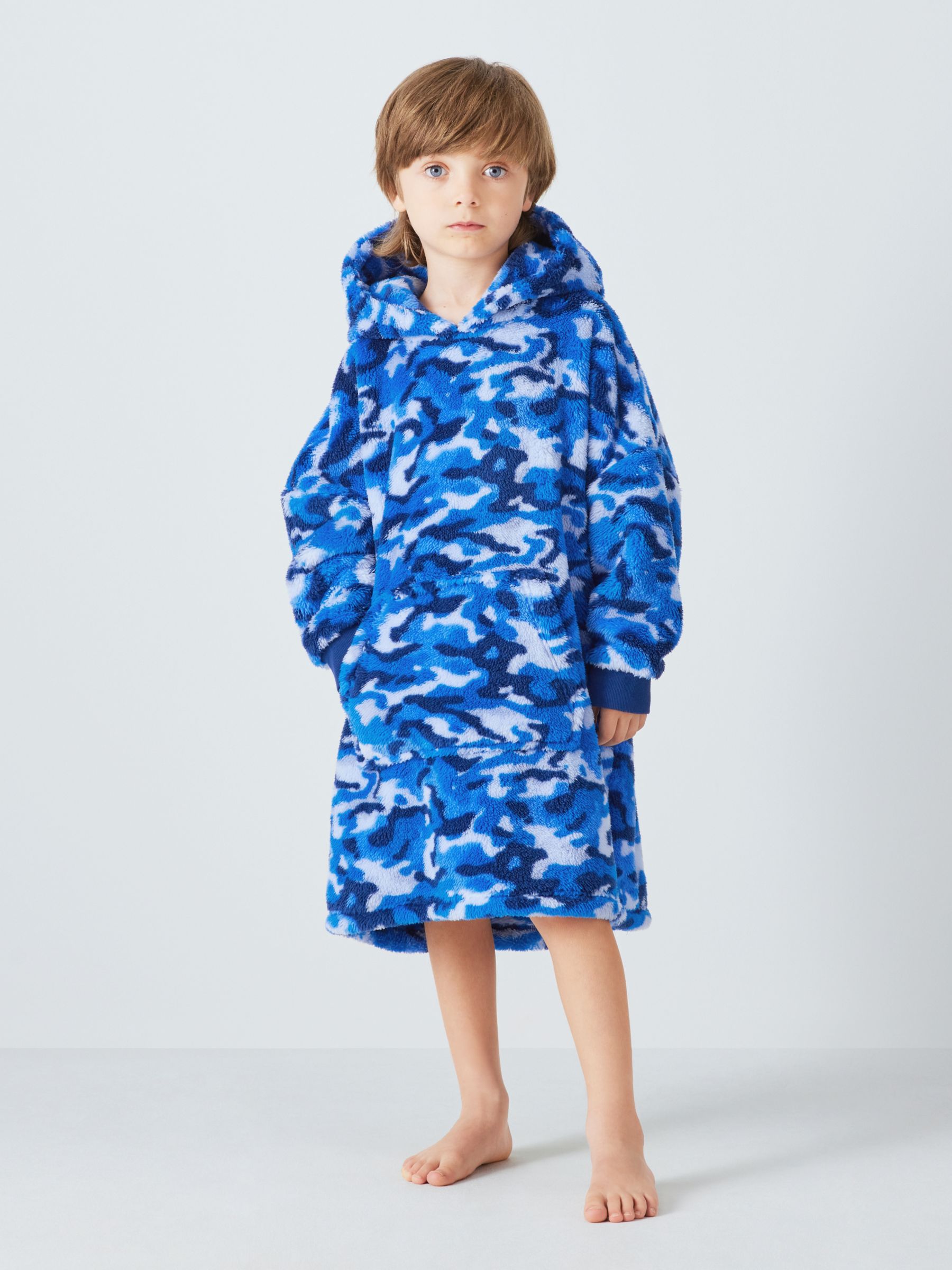 John Lewis Kids' Camo Long Oversized Fleece Blanket Hoodie, Blue, 7-10 years