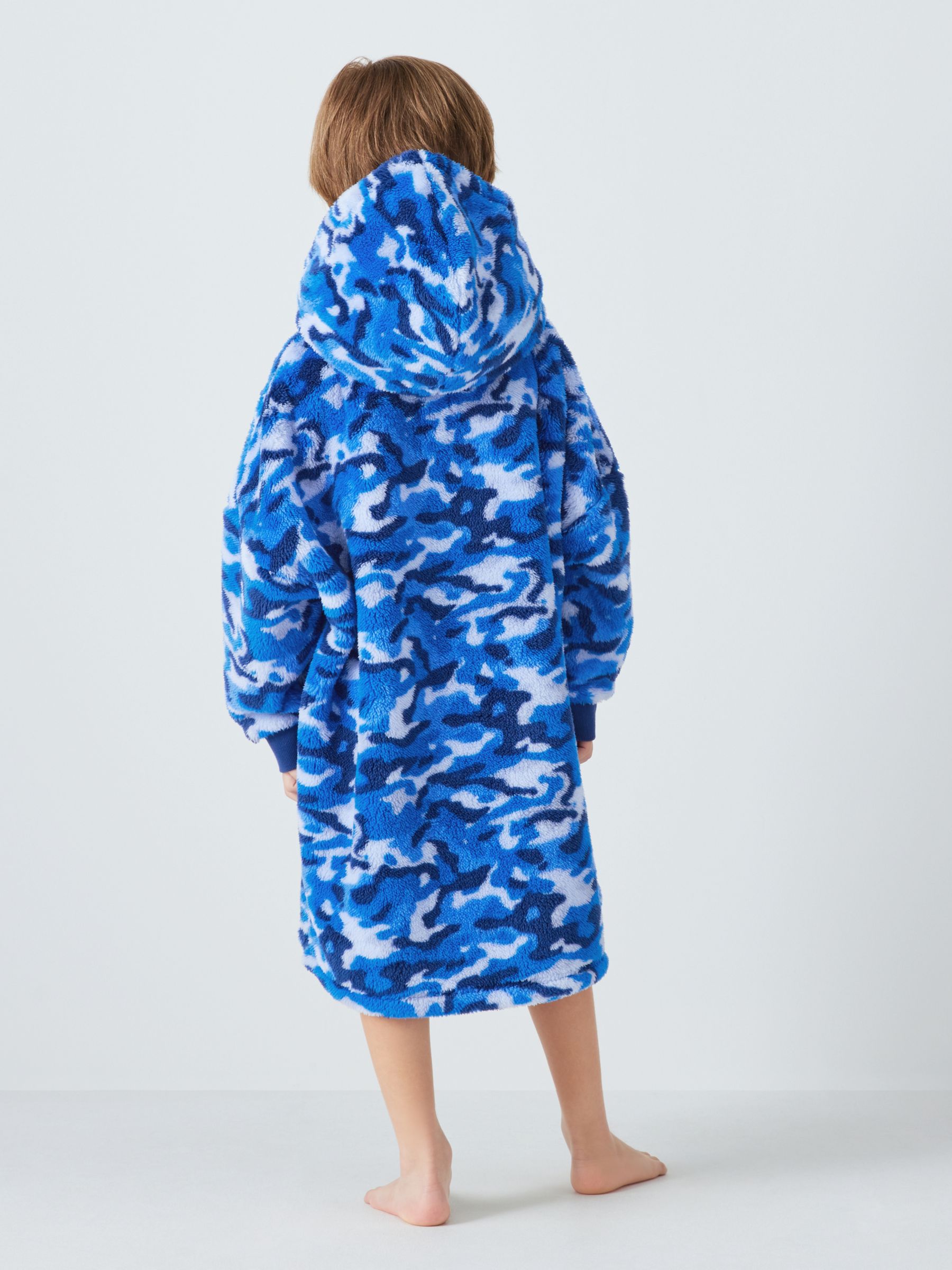John Lewis Kids' Camo Long Oversized Fleece Blanket Hoodie, Blue, 7-10 years