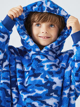John Lewis Kids' Camo Long Oversized Fleece Blanket Hoodie, Blue