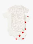 Petit Bateau Baby Heart Print Romper, Pack of 3, Cream/Red