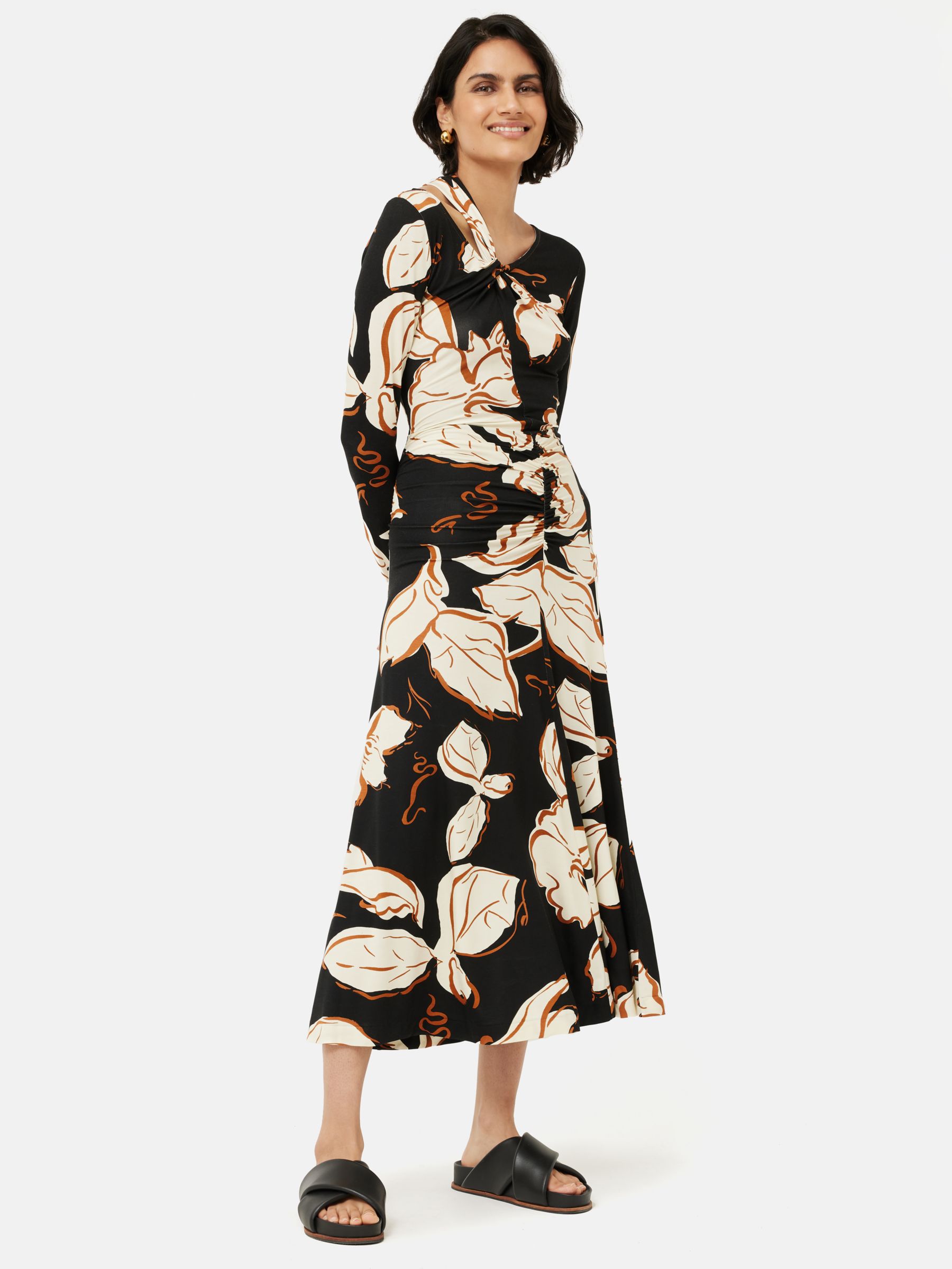 Jigsaw Leaf Print Midi Dress, Brown at John Lewis & Partners