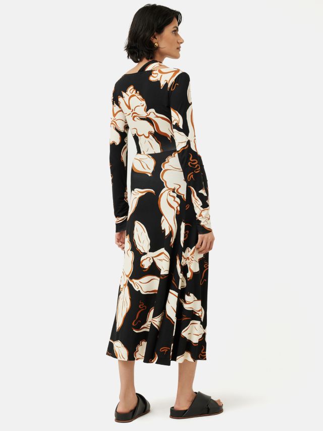 Jigsaw Leaf Print Midi Dress, Brown, XS