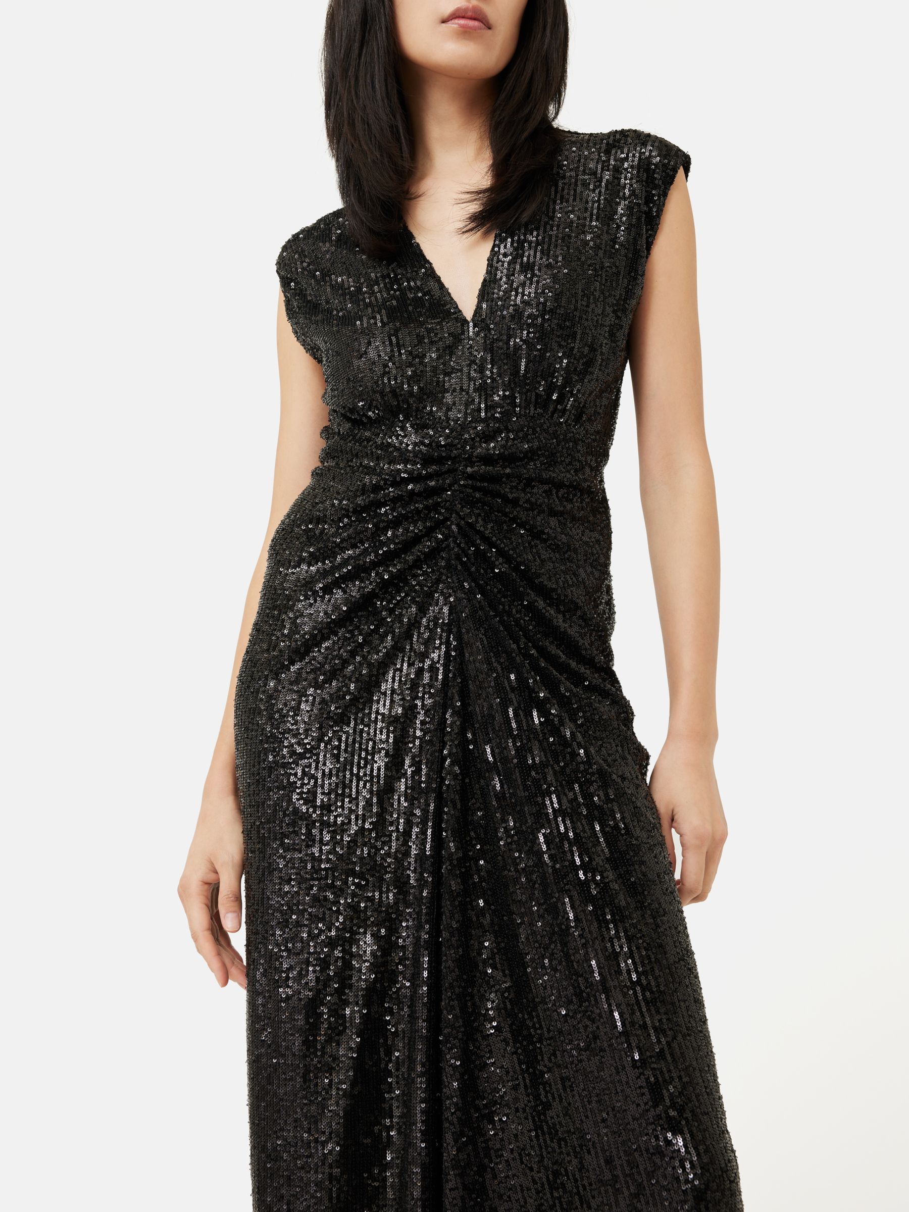 Pleated sequin ruched side 2024 midi dress in black