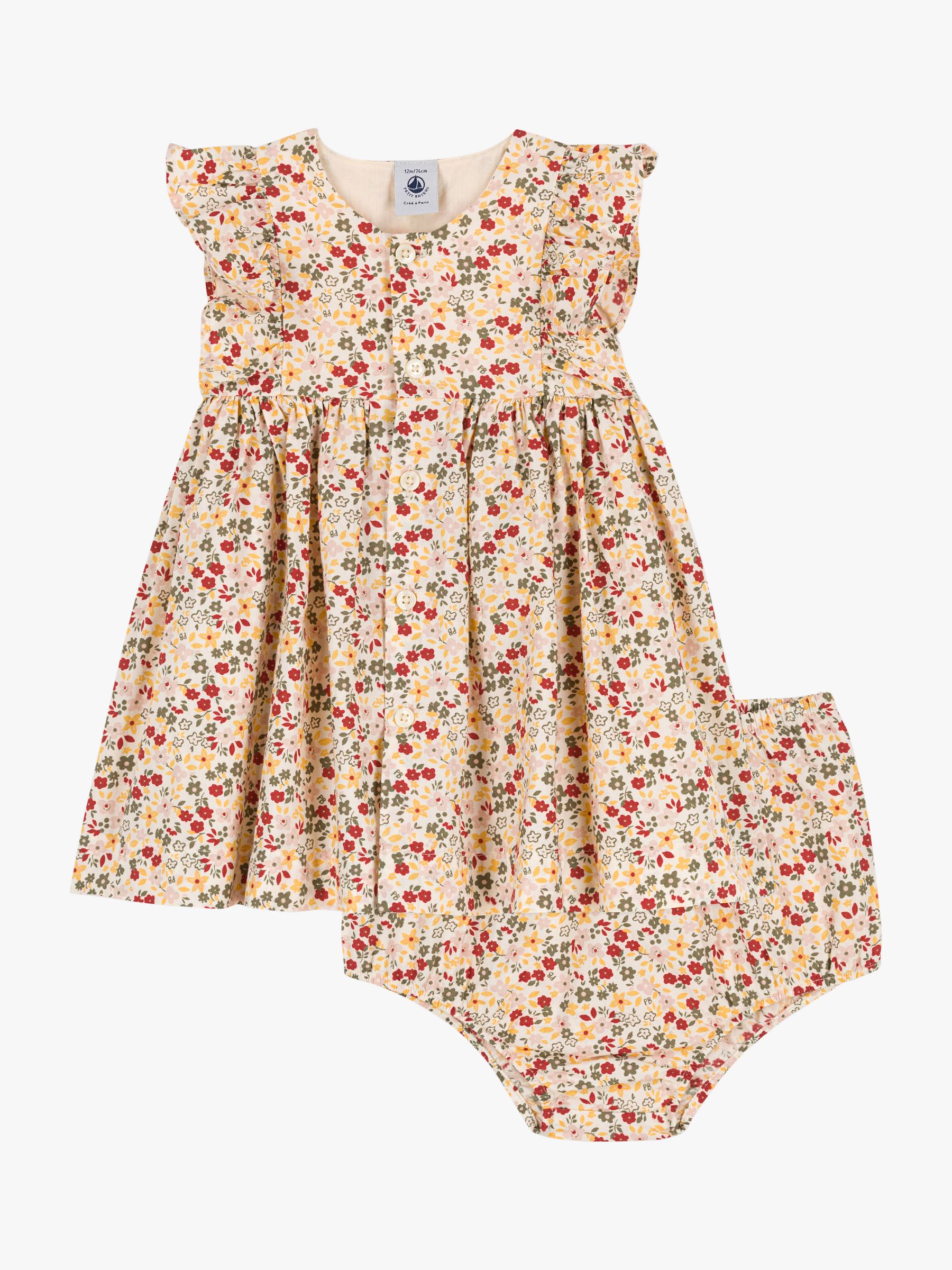 Petit Bateau Baby Poplin Floral Dress & Bloomer Set, Avalanche/Multi, 3 months