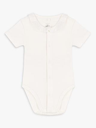 Petit Bateau Baby Short Sleeve Frill Neck Romper, Marshmallow