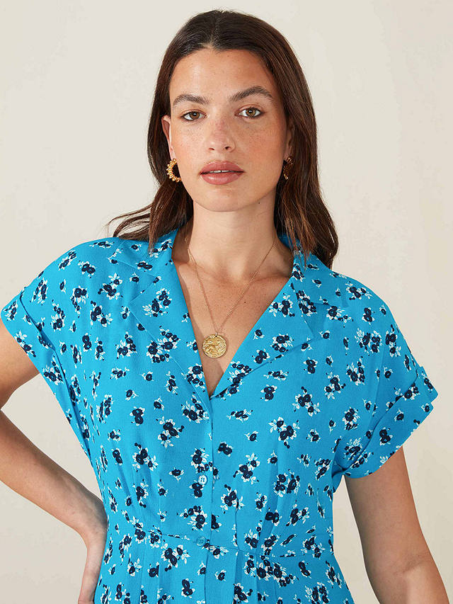 Ro&Zo Turn Back Cuff Floral Shirt Midi Dress, Blue/Multi