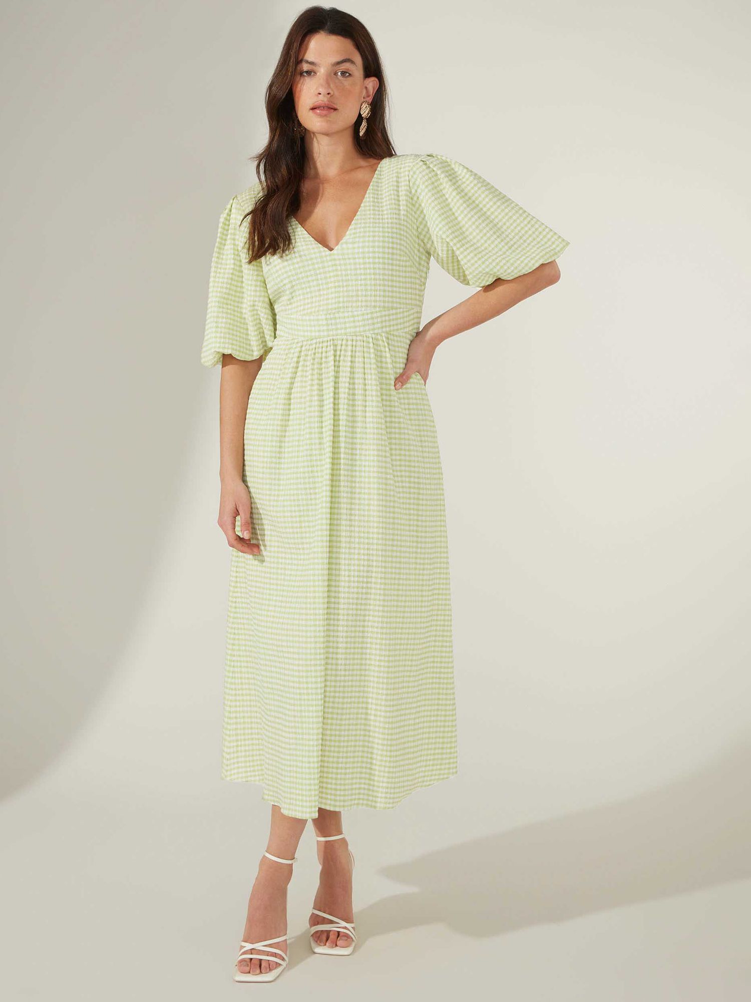 Ro&Zo Gingham V-Neck Puff Sleeve Midi Dress, Green, 8