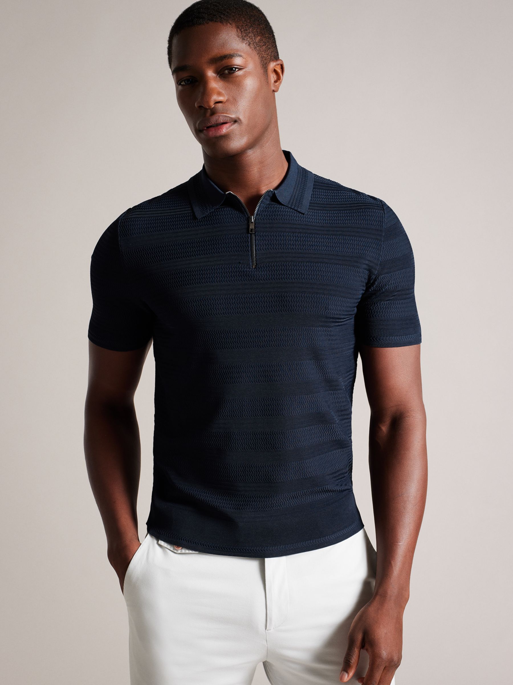 Ted Baker Stree Textured Knit Polo Top, Navy at John Lewis & Partners