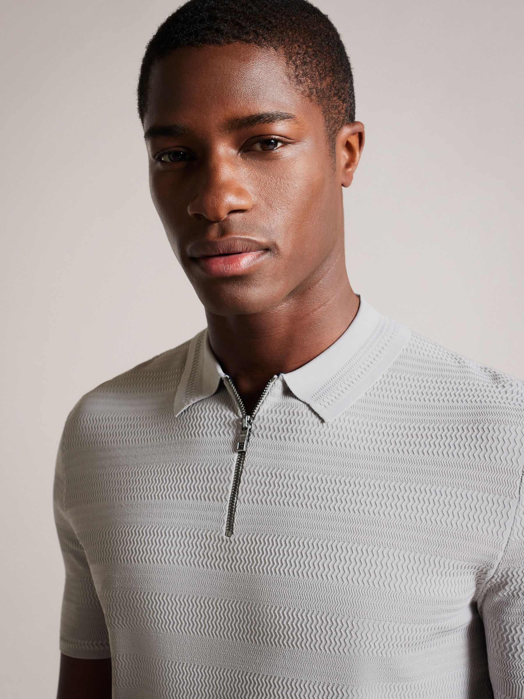 Ted Baker Stree Textured Knit Polo Top, Grey at John Lewis & Partners