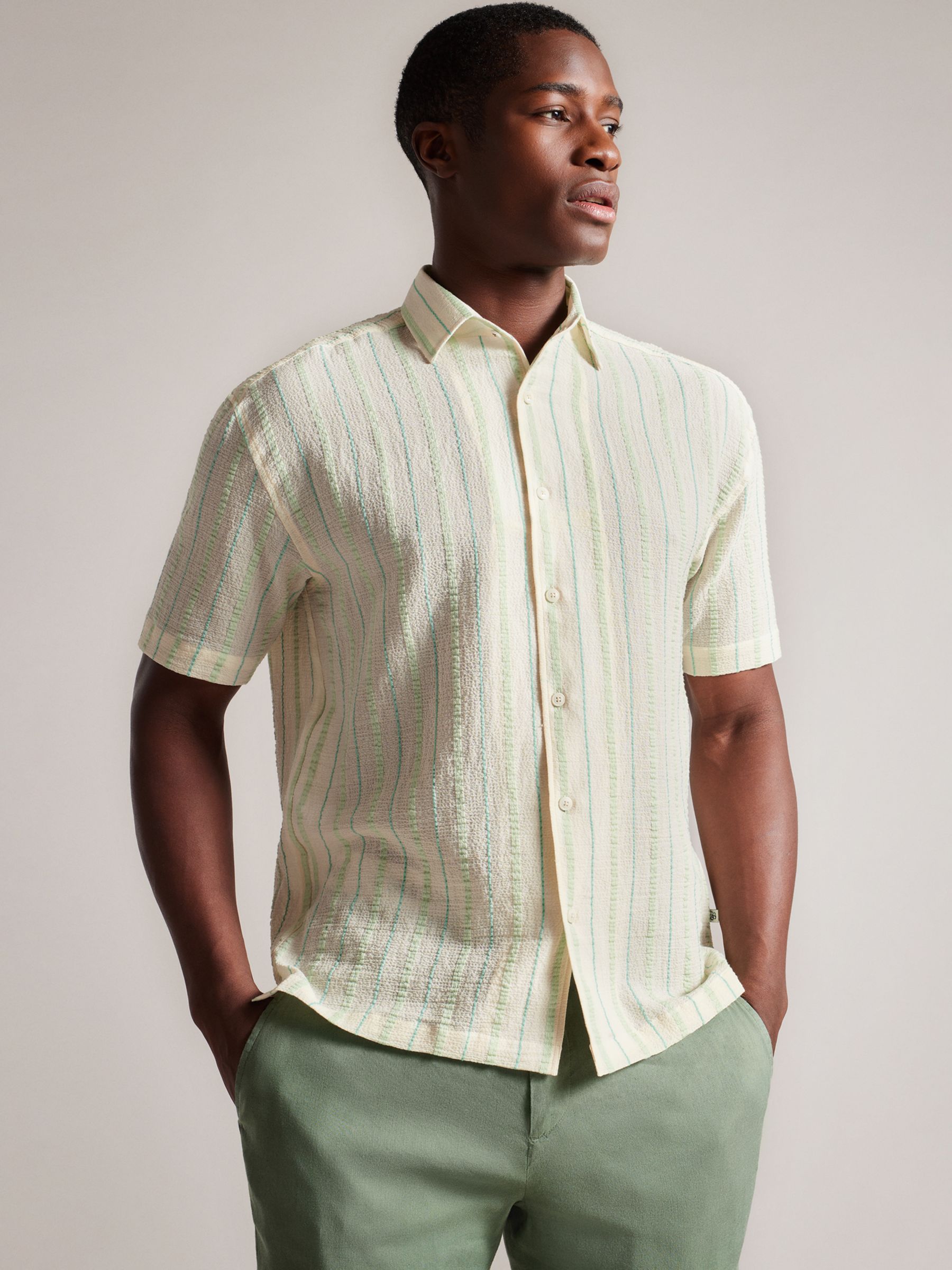 Ted Baker Hillma Short Sleeve Seersucker Stripe Shirt, Light Green, XXL