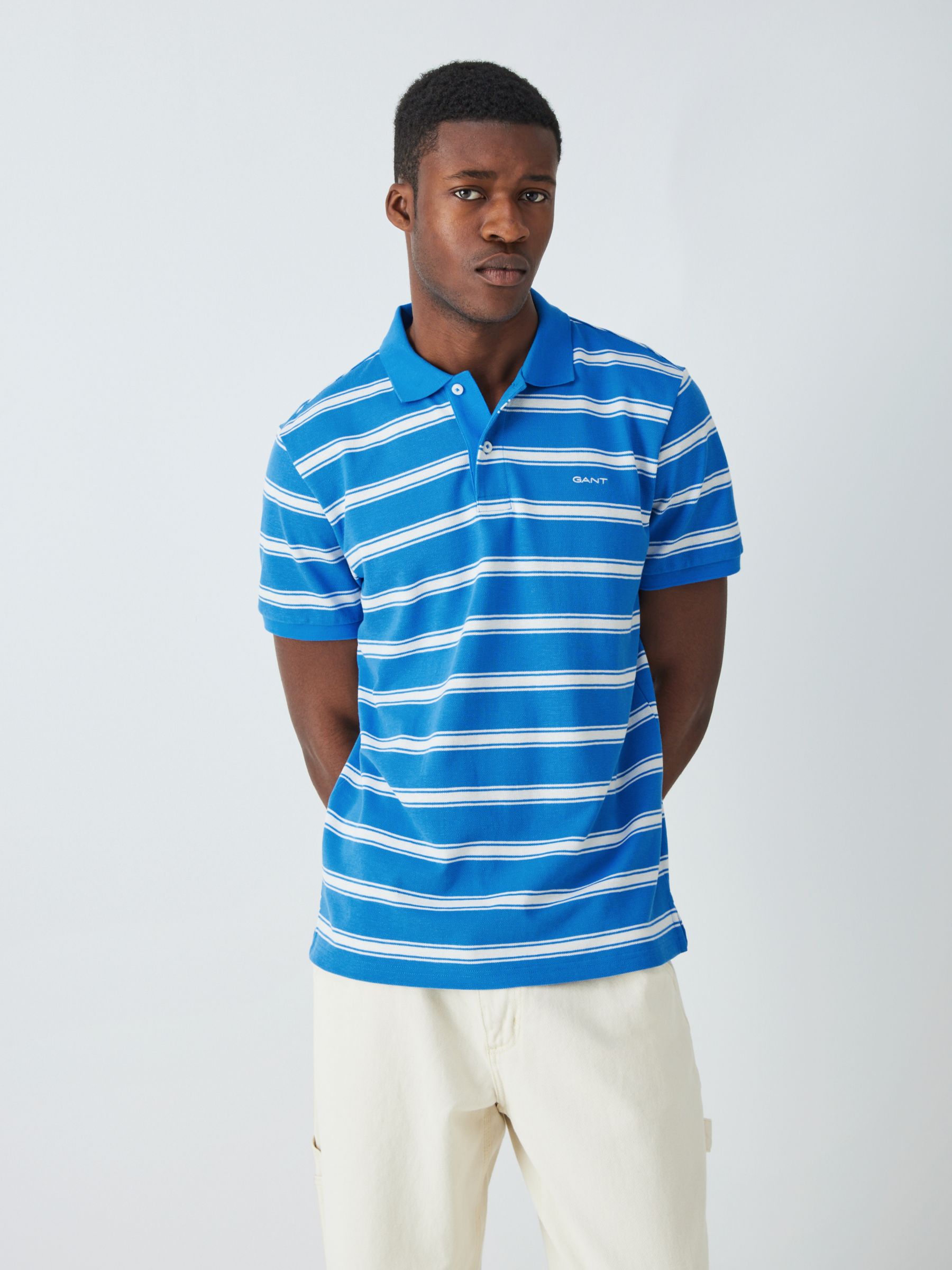 GANT Stripe Short Sleeve Polo, Blue/White at John Lewis & Partners