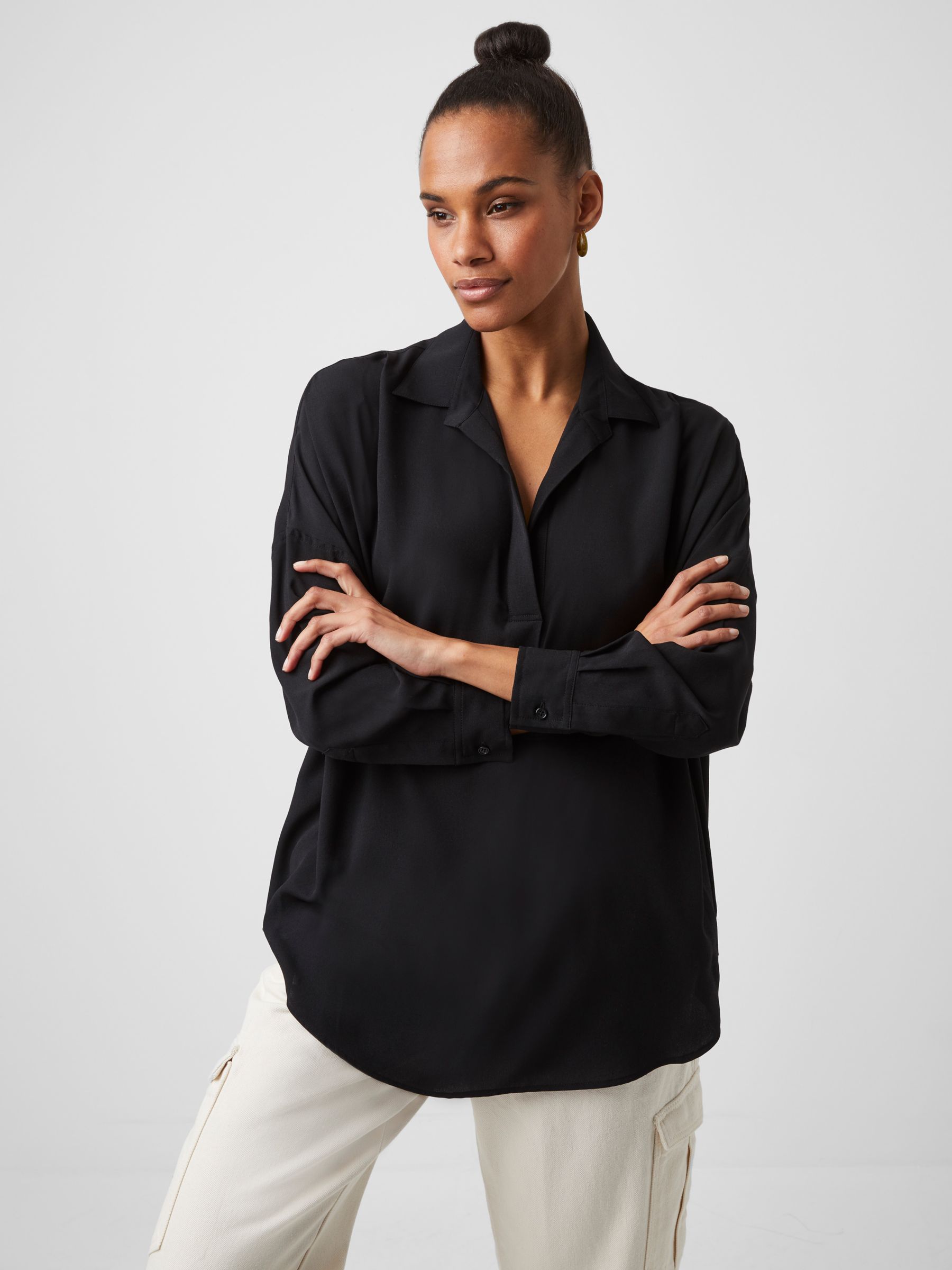 French Connection Rhodes Recycled Crepe Popover Shirt, Black at John ...
