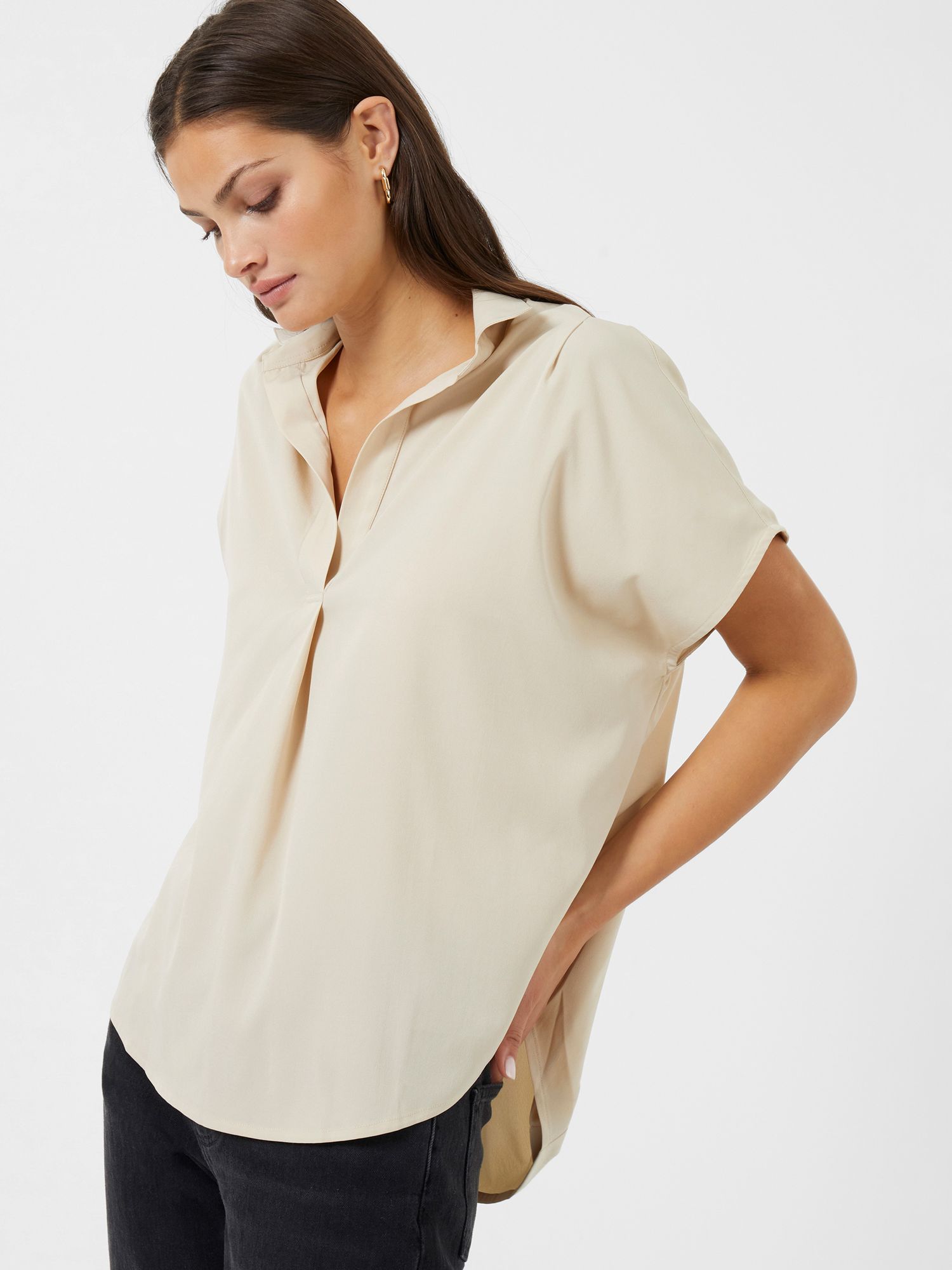 French Connection Crepe Short Sleeve V-Neck Blouse, Wild Wheat, S