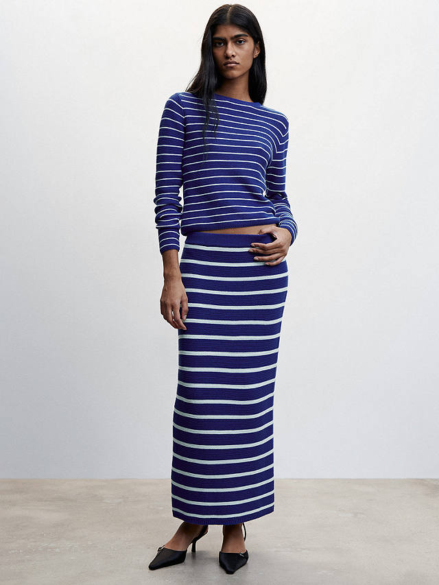 Mango Dakota Stripe Knitted Midi Skirt, Bright Blue at John Lewis ...