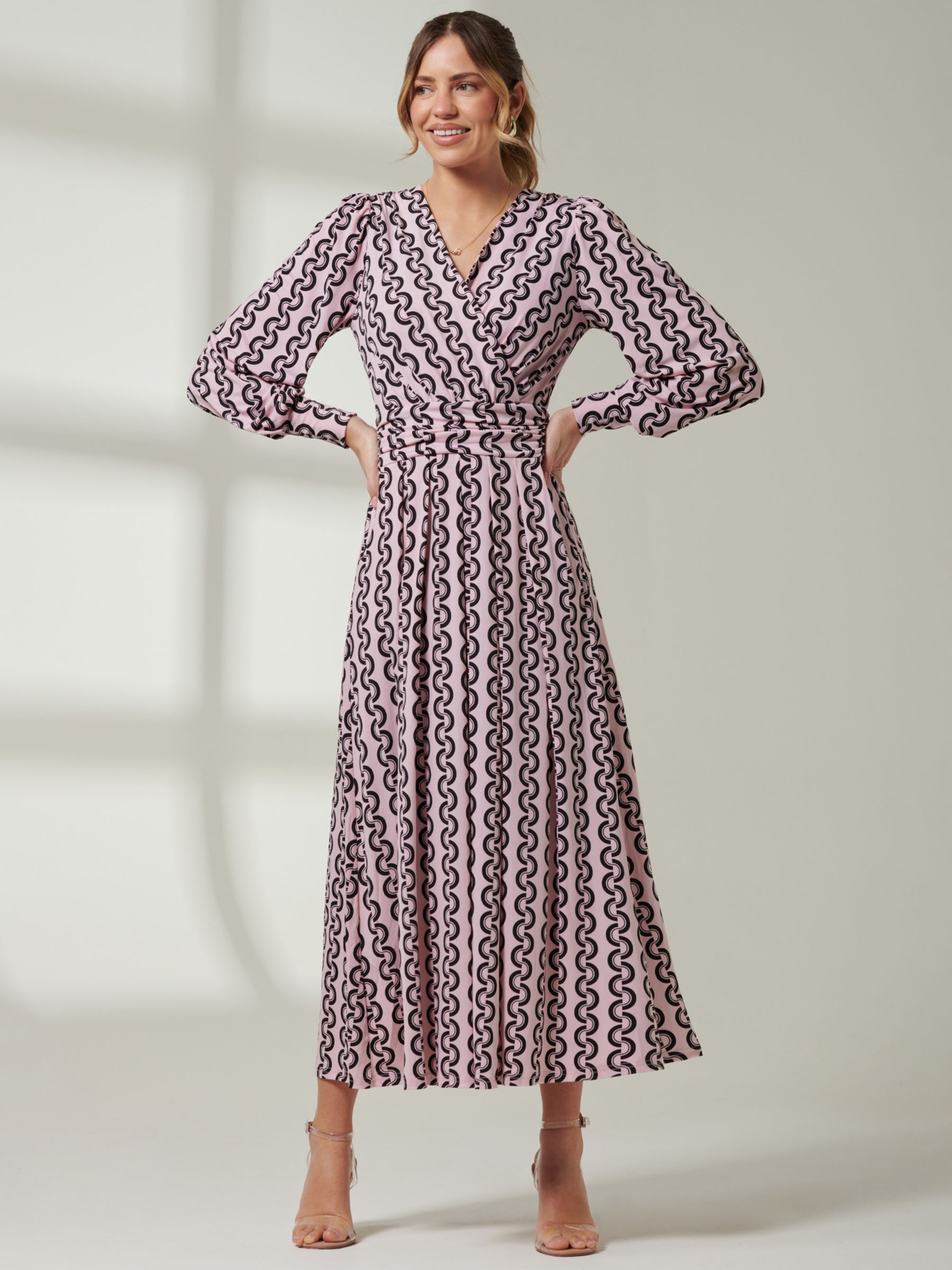 Long Sleeve Wrap Midi Shirt Dress, Pink Geometric – Jolie Moi Retail