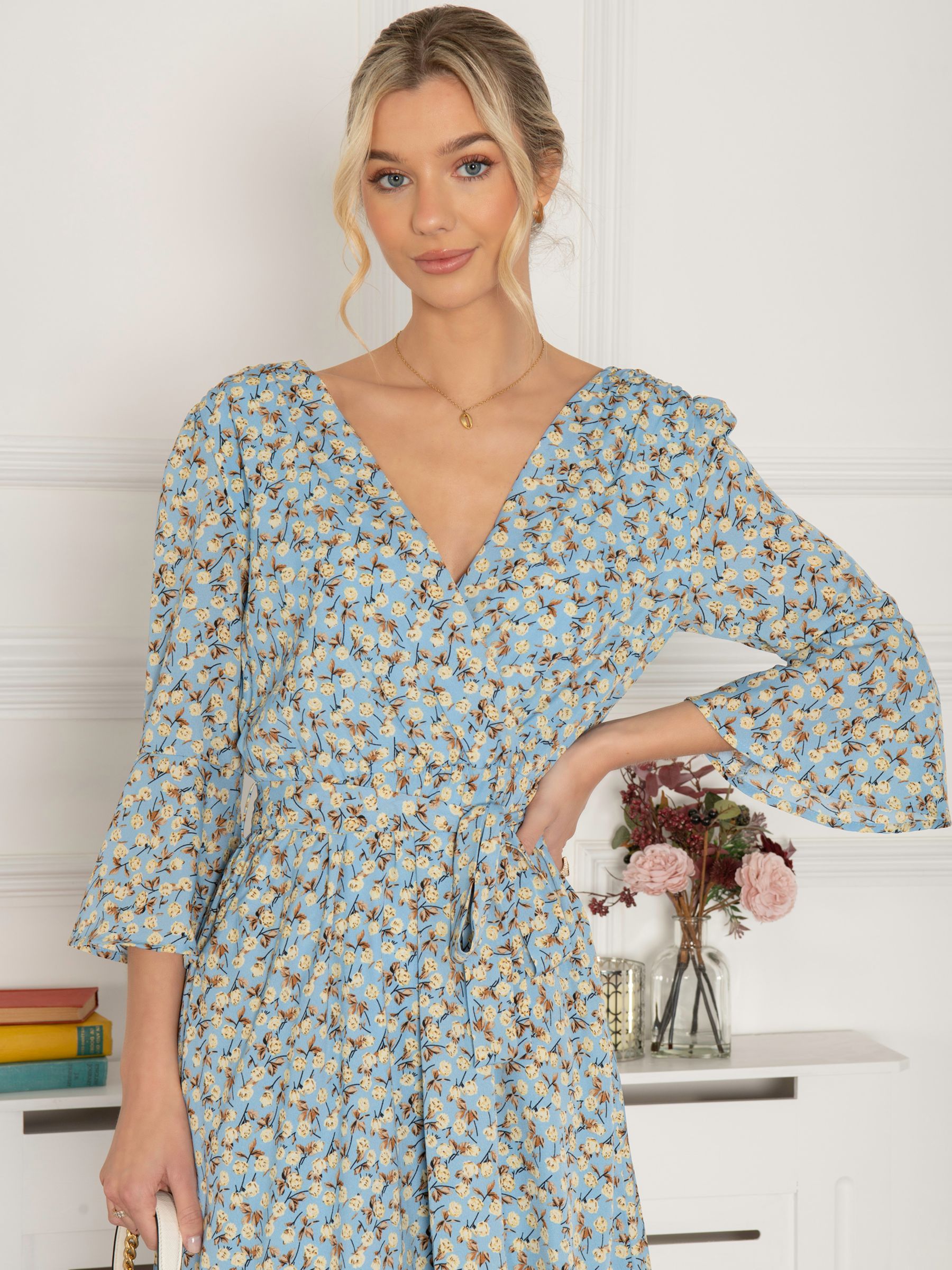 Jolie Moi Geelan Floral Tiered Dip Hem Dress, Blue at John Lewis & Partners