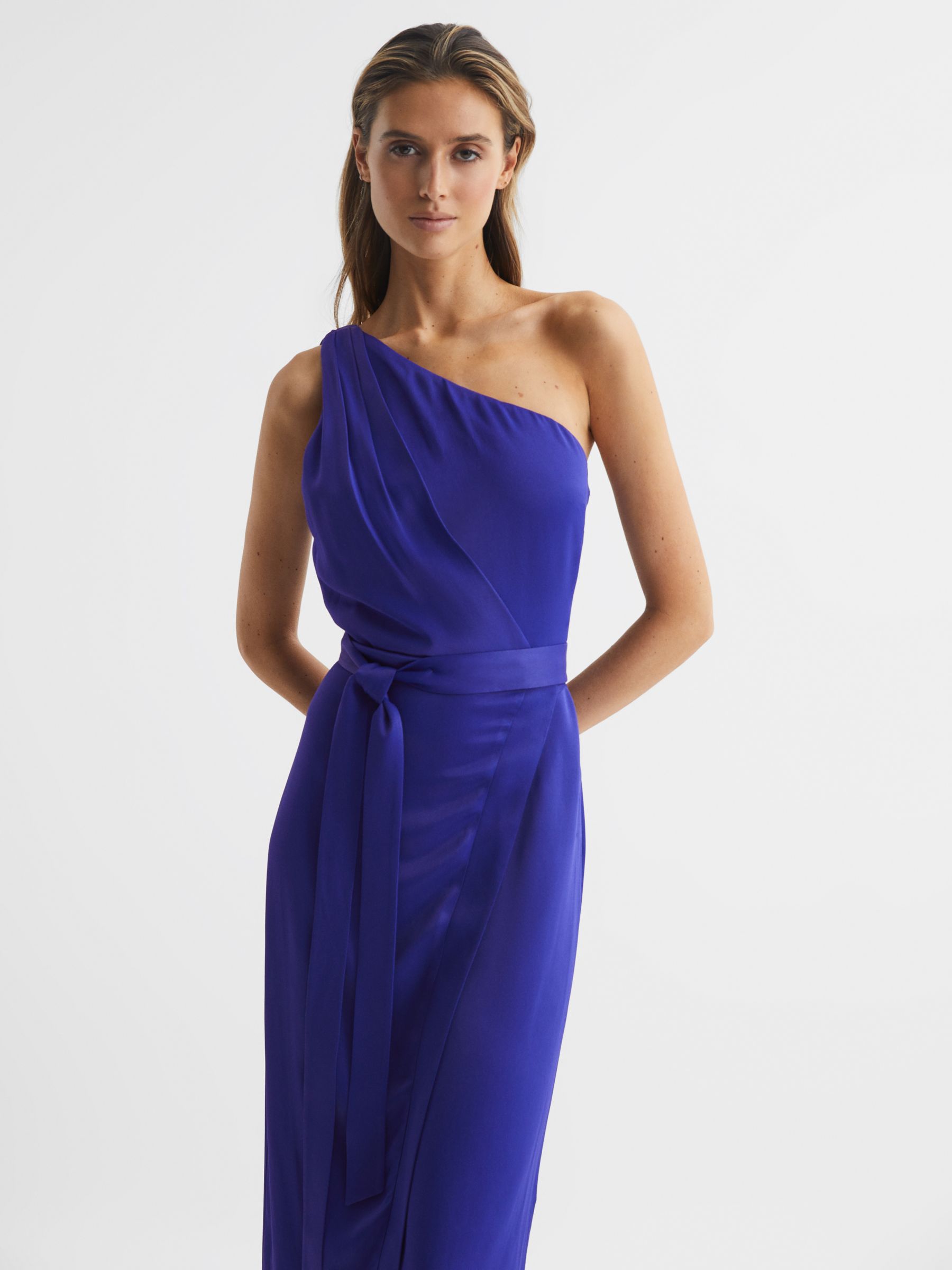 Reiss Flora Asymmetric Satin Dress, Purple, 4