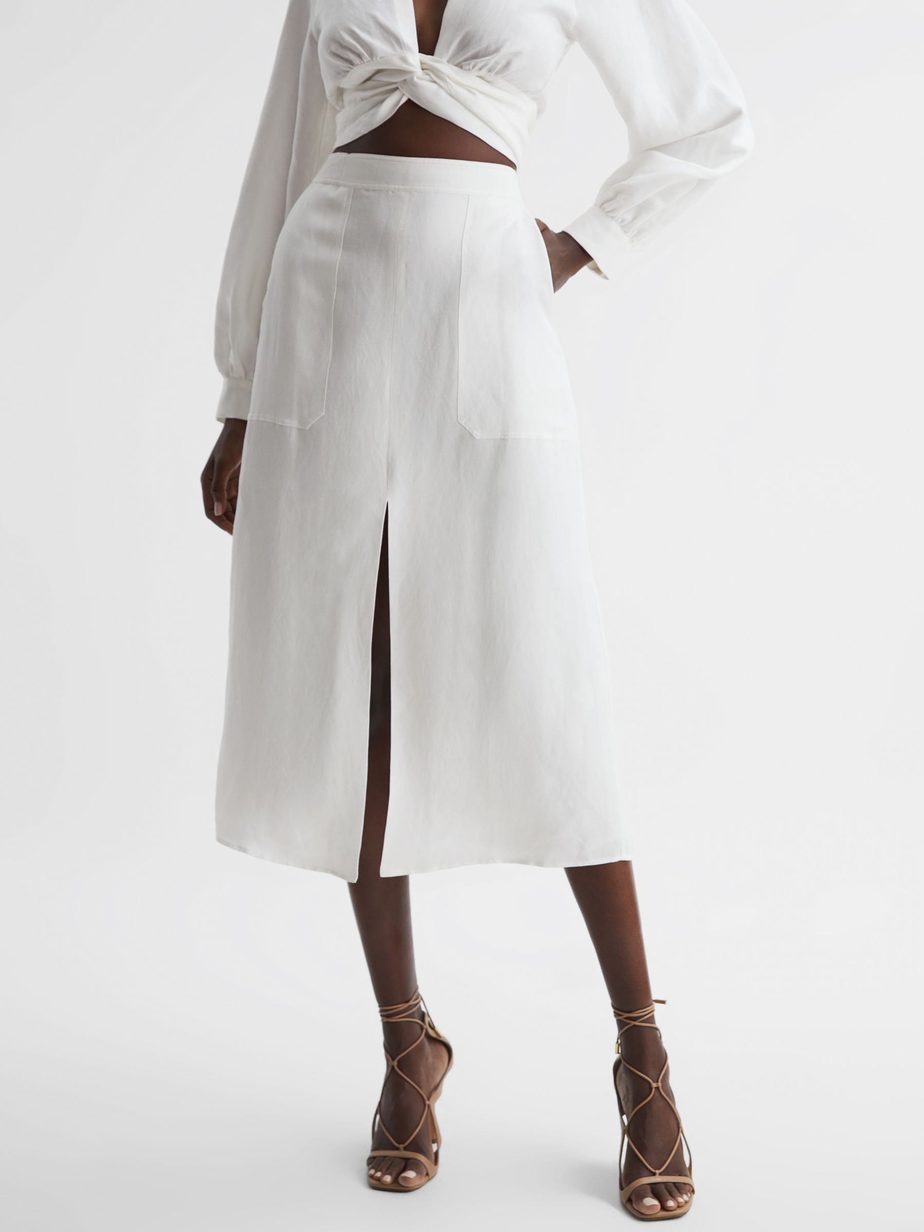 Reiss Axelle Plain Linen Blend Midi Skirt, White, 4