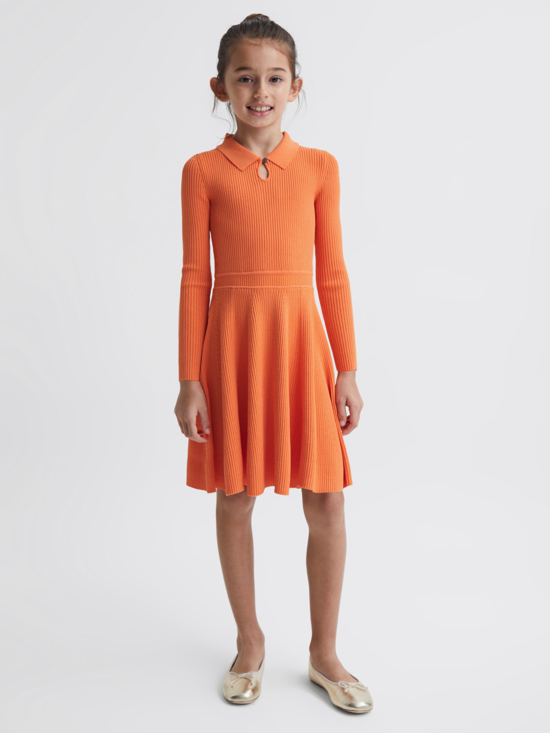 Reiss Kids' Clare Rib Knit Detail Dress, Orange, 4-5 years