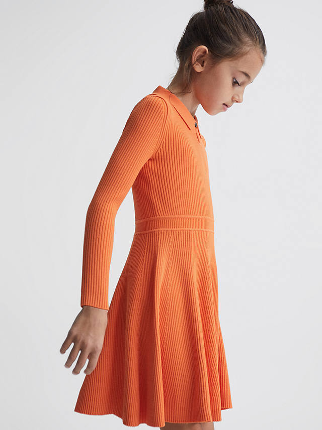 Reiss Kids' Clare Rib Knit Detail Dress, Orange
