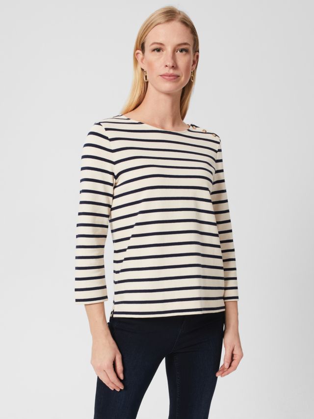 Hobbs Francesca Stripe Long Sleeve T-Shirt, Cream/Navy, XS