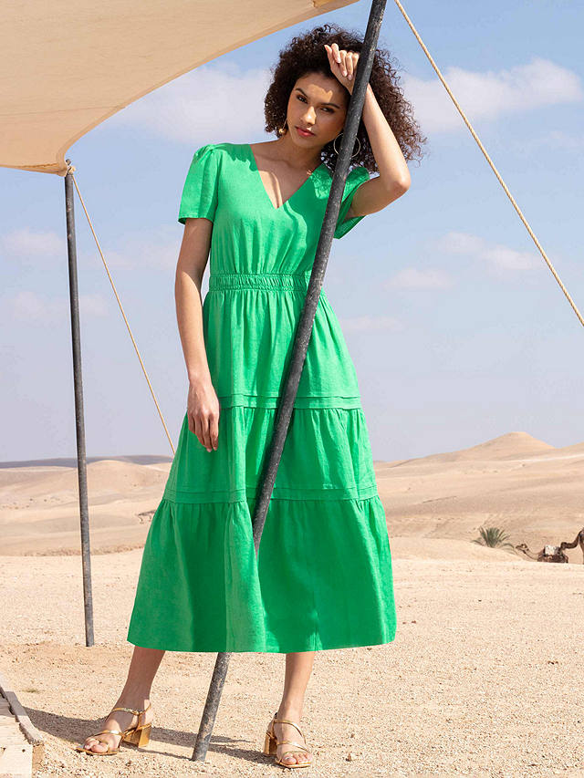 Ro&Zo Shirred Waist Midi Linen Dress, Green at John Lewis & Partners