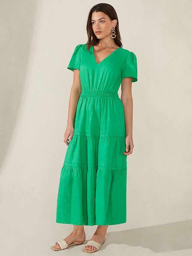 Ro&Zo Shirred Waist Midi Linen Dress, Green