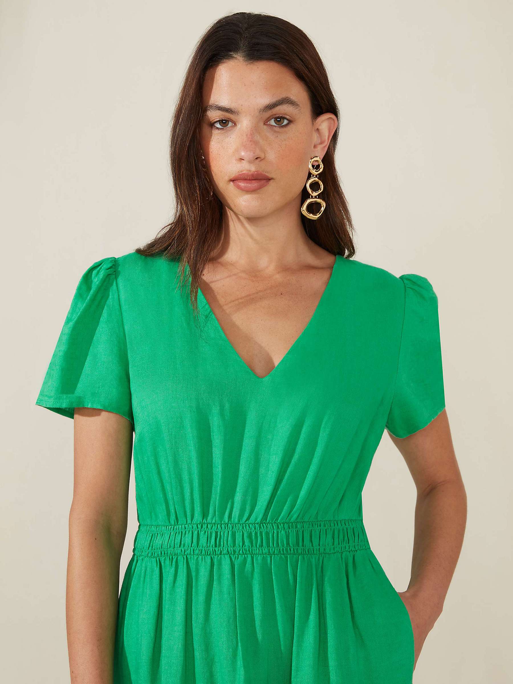 Ro&Zo Shirred Waist Midi Linen Dress, Green at John Lewis & Partners