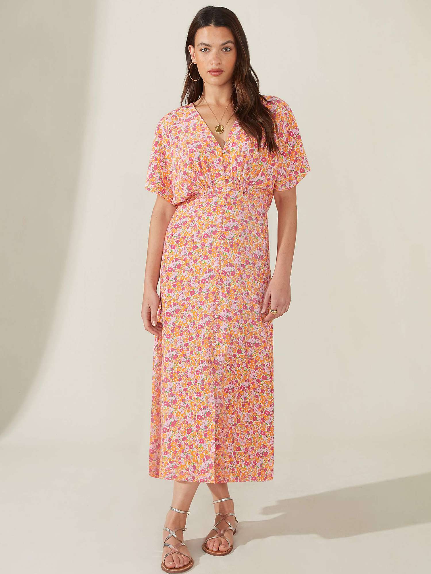 Buy Petite Floral Shirred Waist Angel Sleeve Midi Dress, Pink Online at johnlewis.com