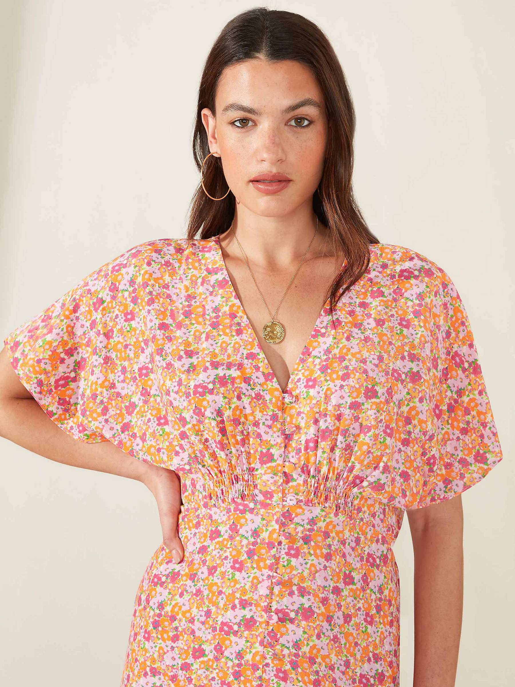 Buy Petite Floral Shirred Waist Angel Sleeve Midi Dress, Pink Online at johnlewis.com