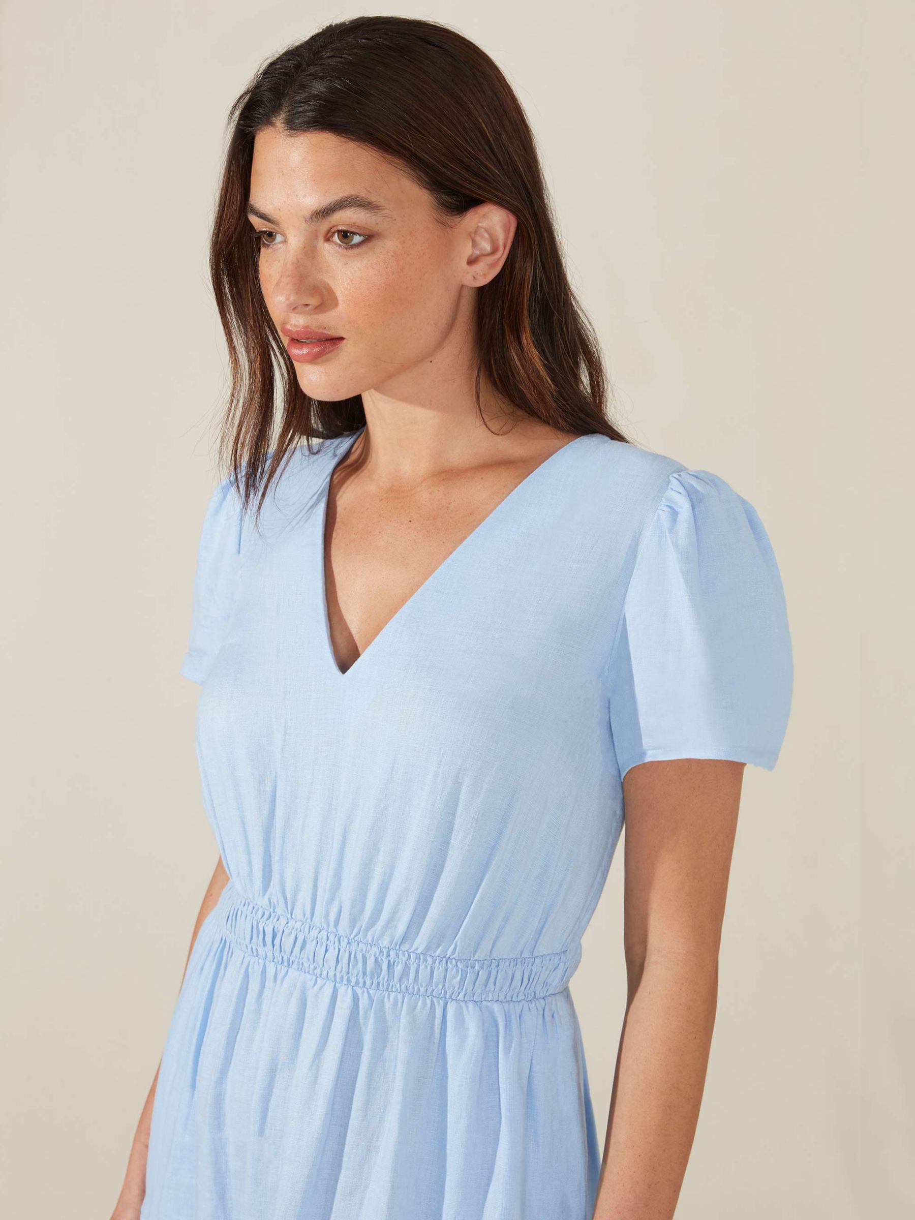 Ro&Zo Shirred Waist Midi Linen Dress, Blue at John Lewis & Partners