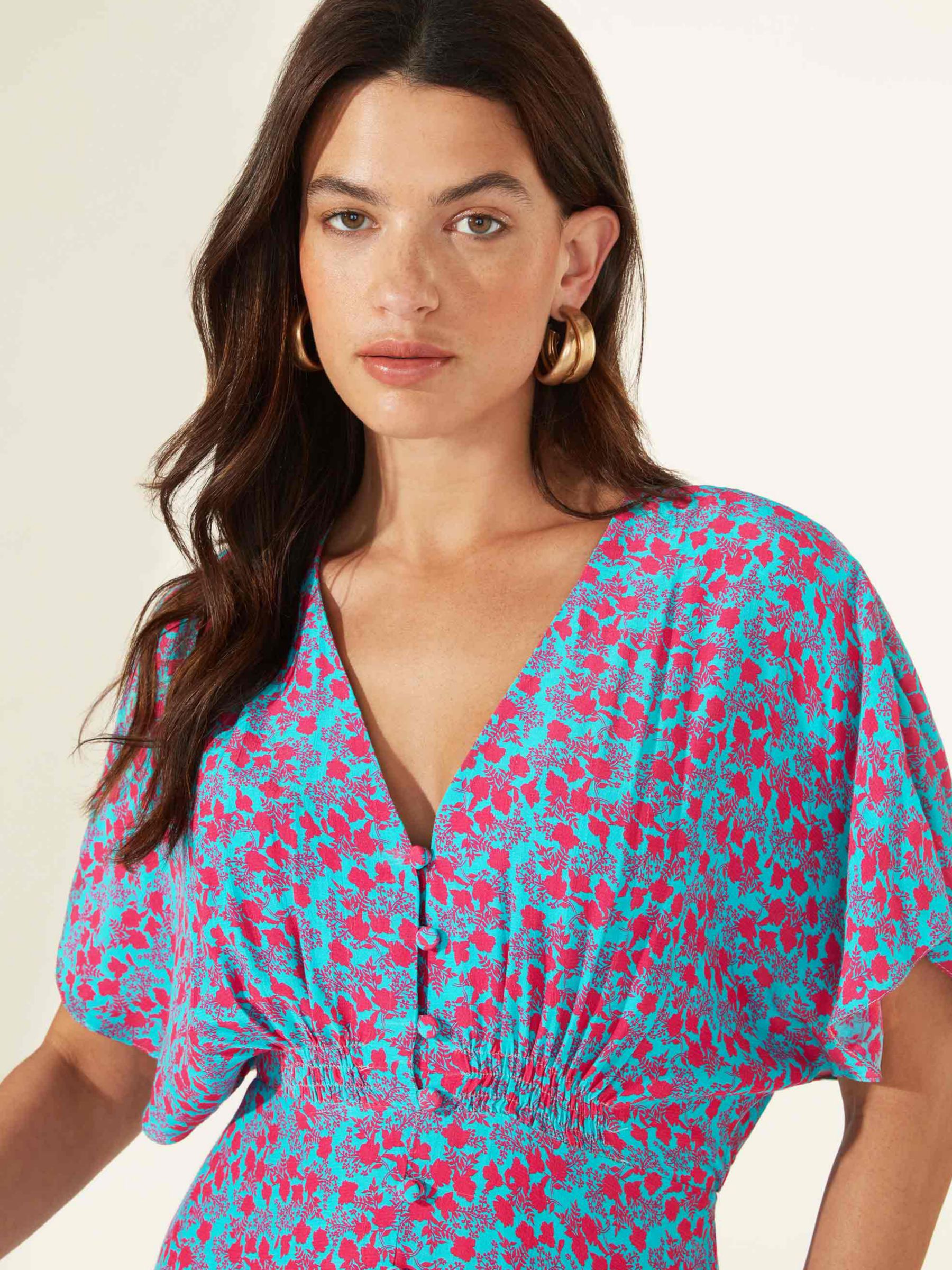 Ro&Zo Ditsy Floral Shirred Dress, Blue/Multi at John Lewis & Partners