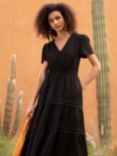 Ro&Zo Shirred Waist Midi Linen Dress, Black