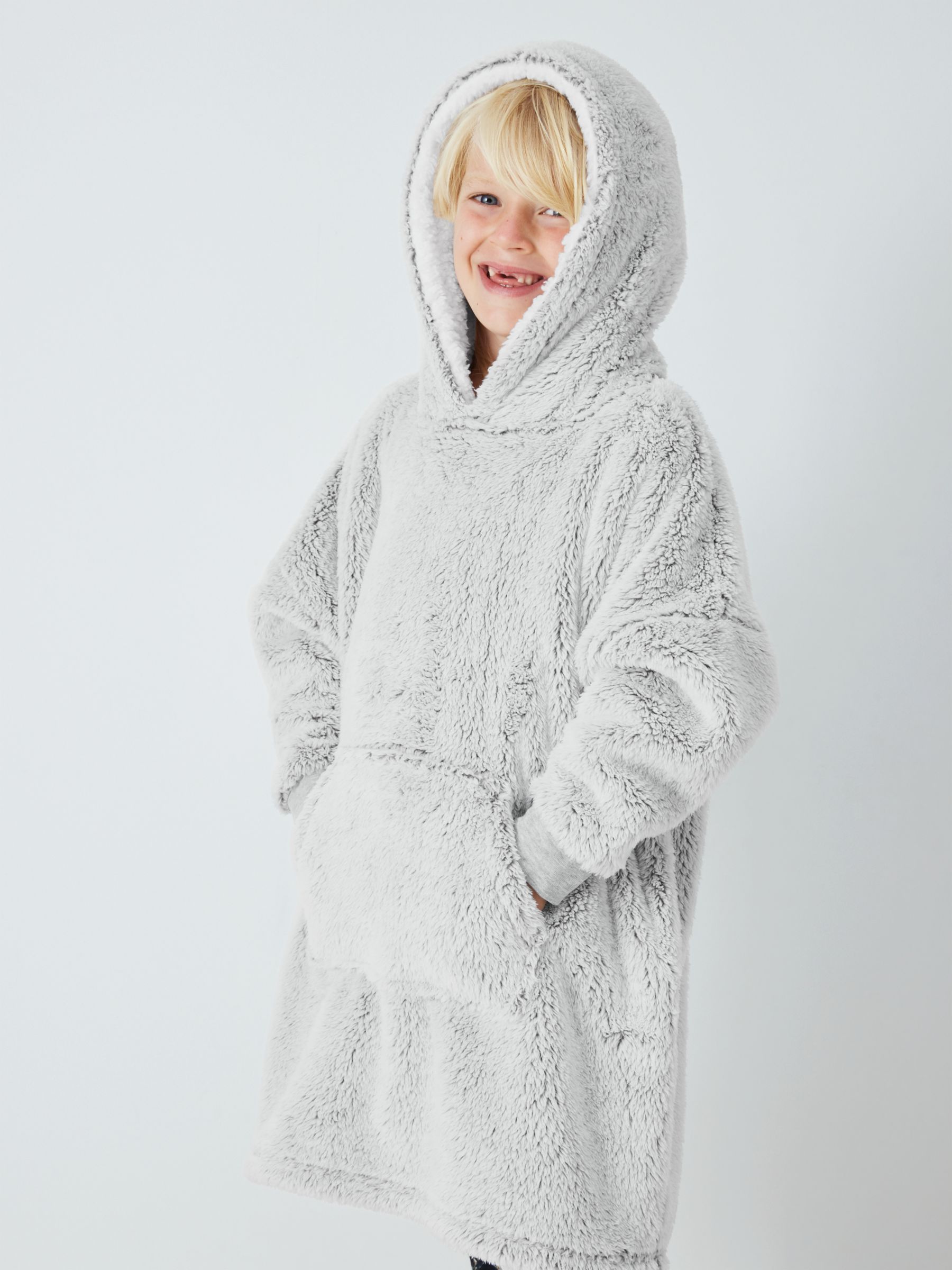 John Lewis Kids' Sherpa Oversized Hooded Blanket, Grey, 11-13 years