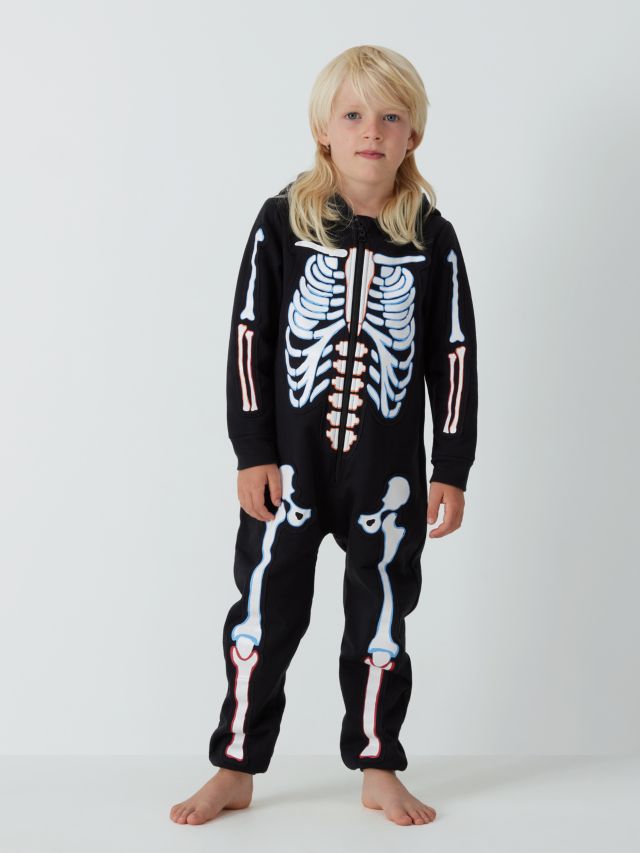 John Lewis Kids' Glow In The Dark Neon Skeleton Hooded Onesie, Black/Multi, 2 years