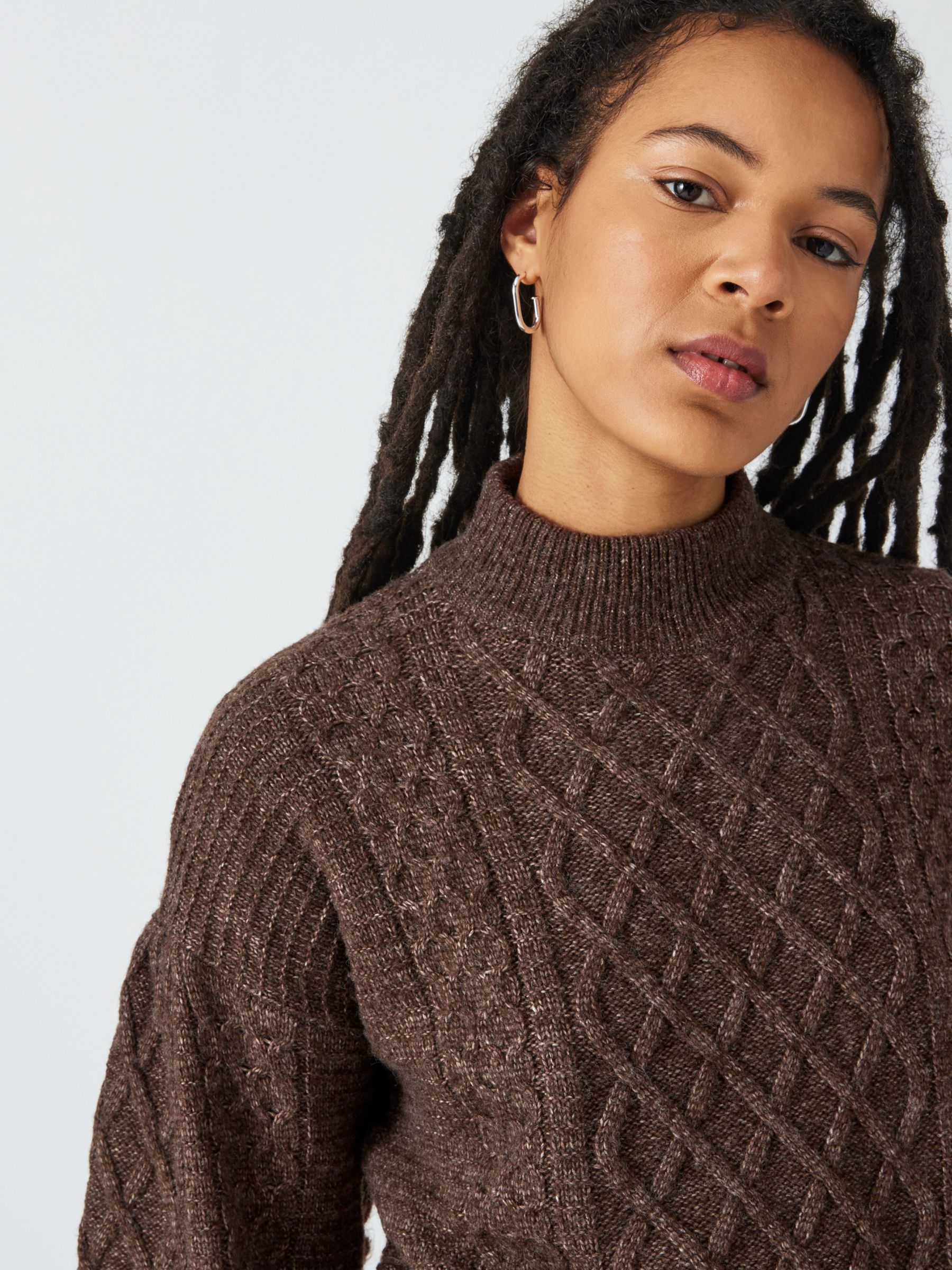 John Lewis ANYDAY Plain Cable Knit Jumper, Brown, XS