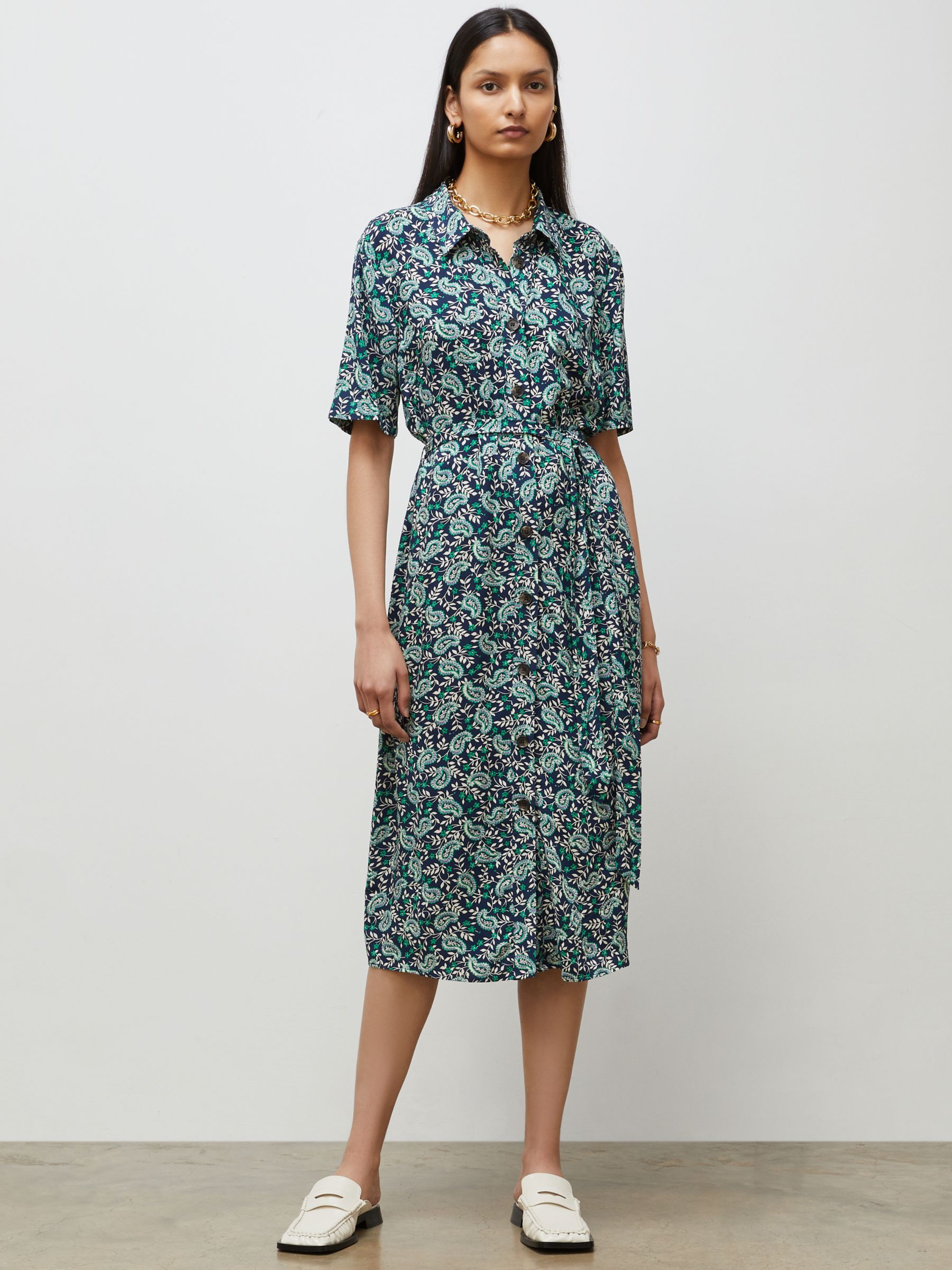 Finery Bailey Shirt Dress, Green/Multi at John Lewis & Partners