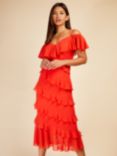 Little Mistress Tiered Cold Shoulder Midi Dress, Tomato Red
