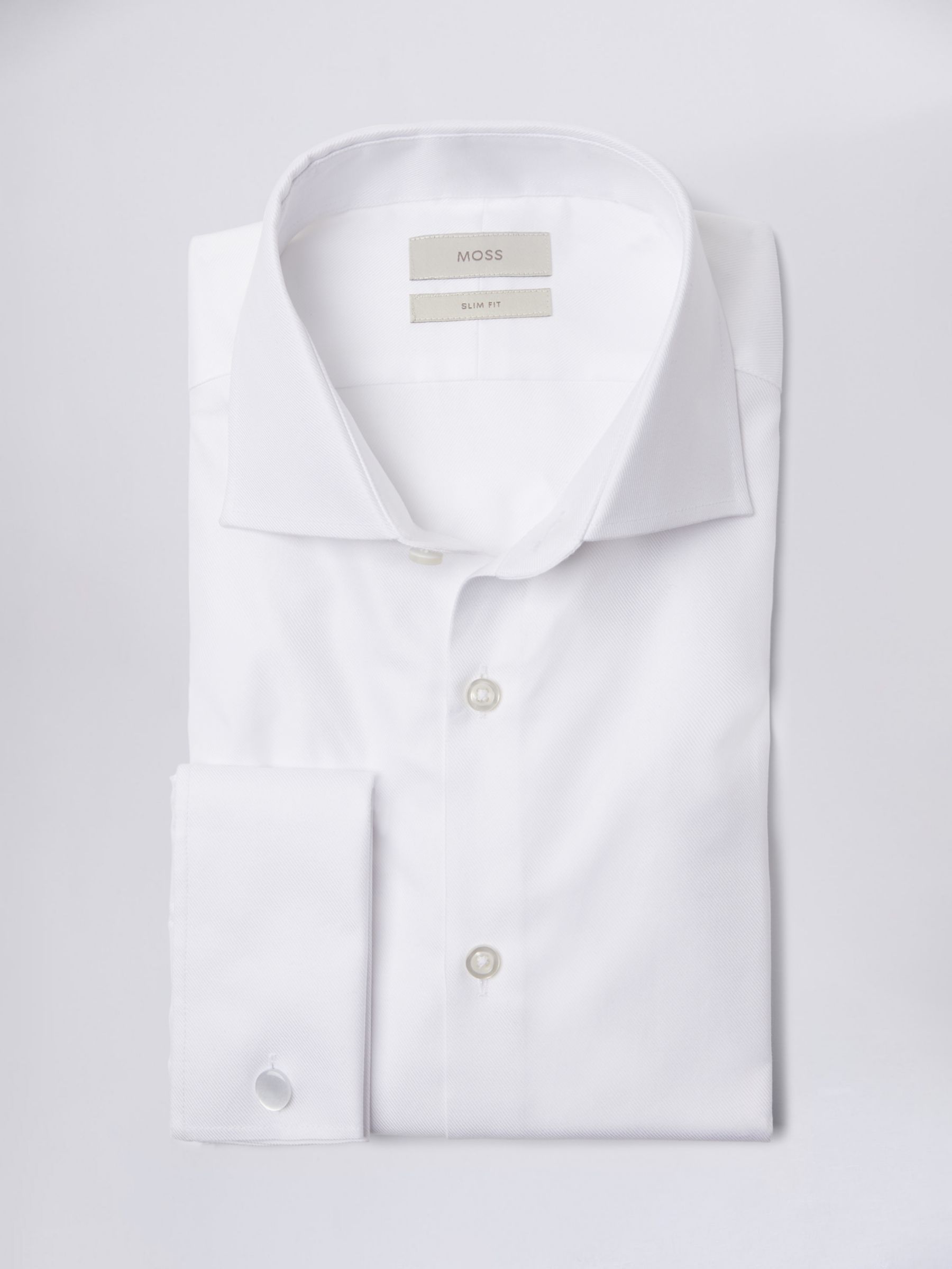 Moss Slim Fit Double Cuff Twill Shirt, White, 13.5